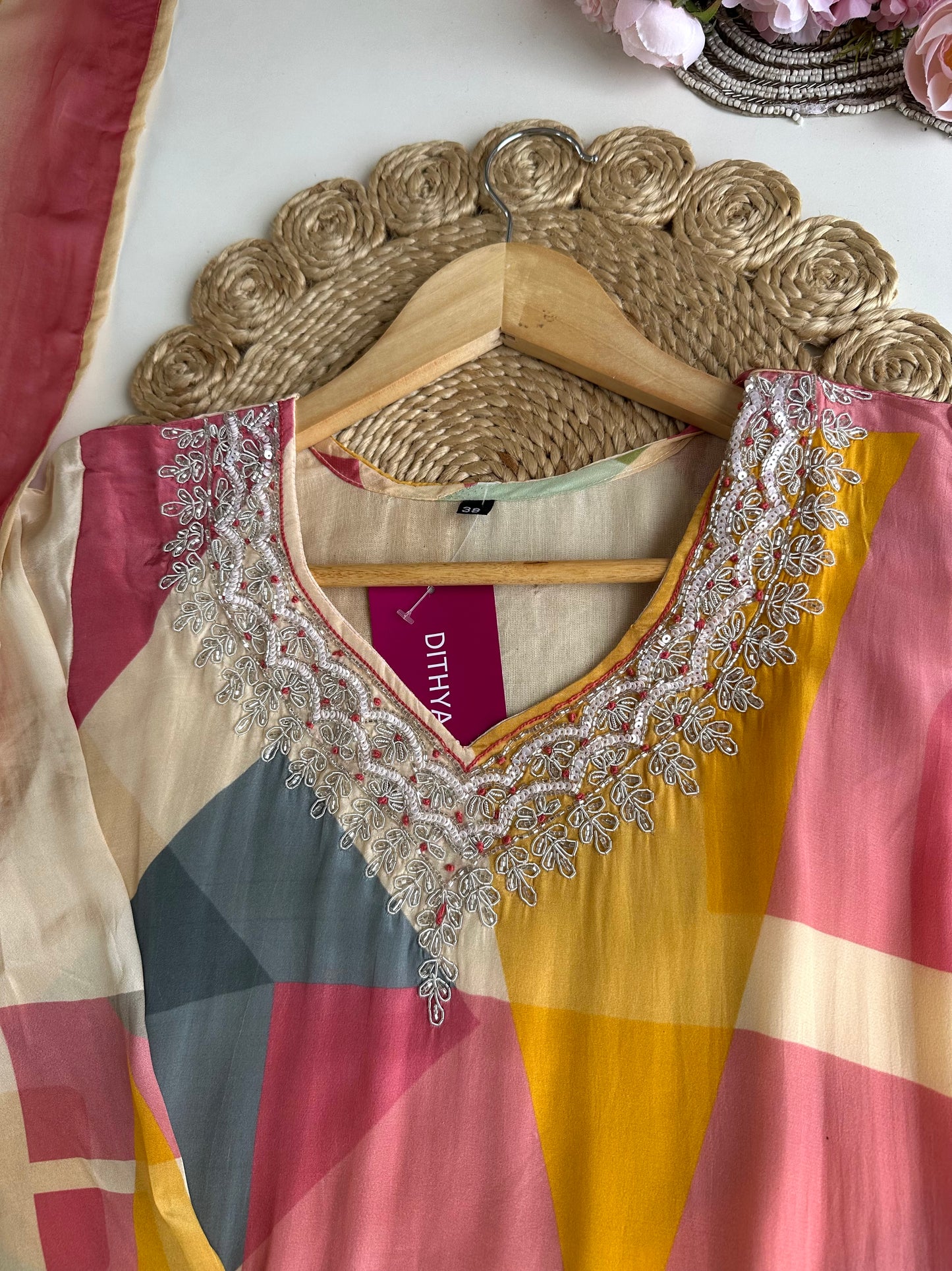 K025 - Pure crape handwork straight Kurti with pants and dupatta