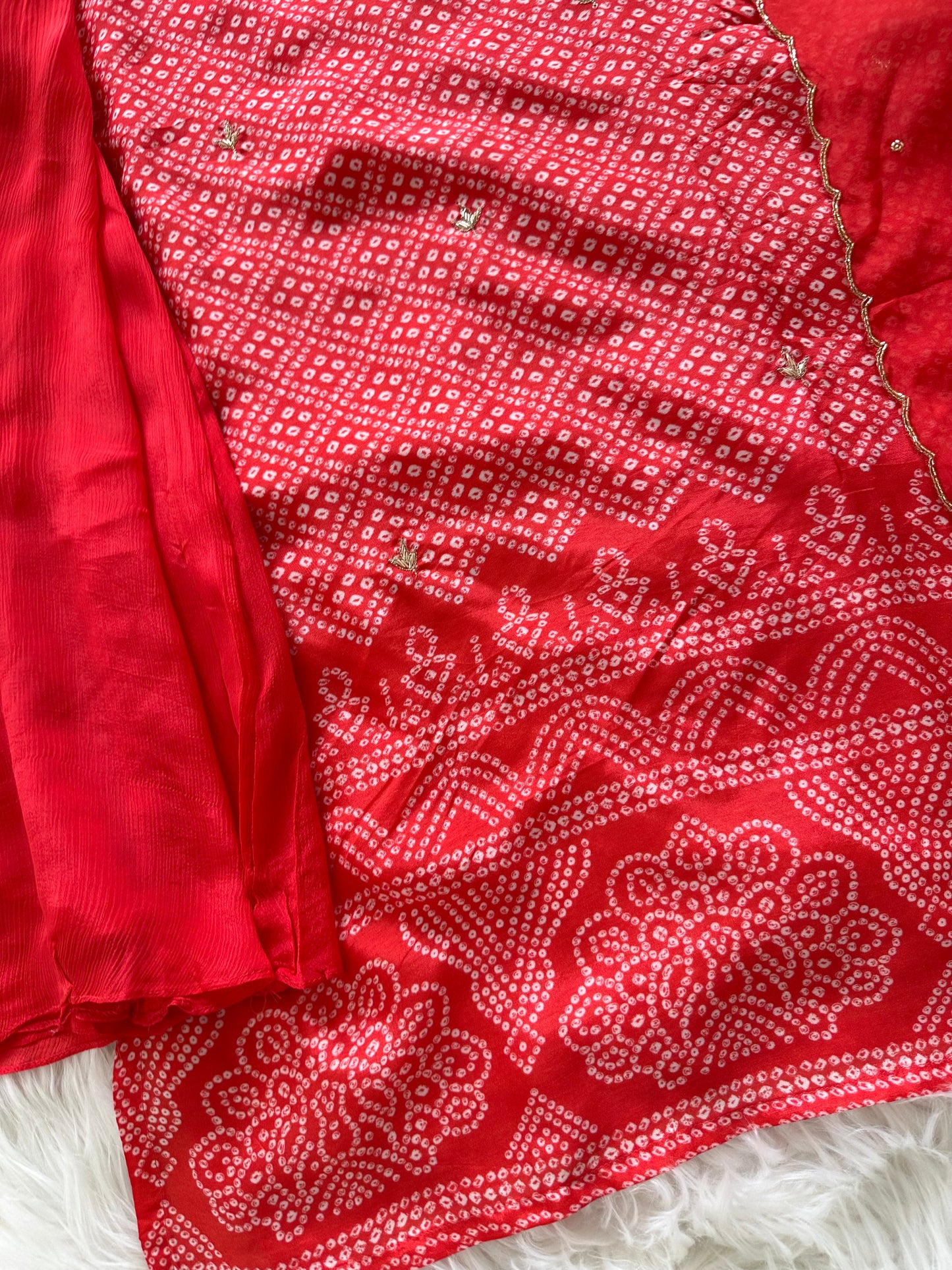 K381 - Russian silk handwork bandhini Kurti with palazzo and dupatta