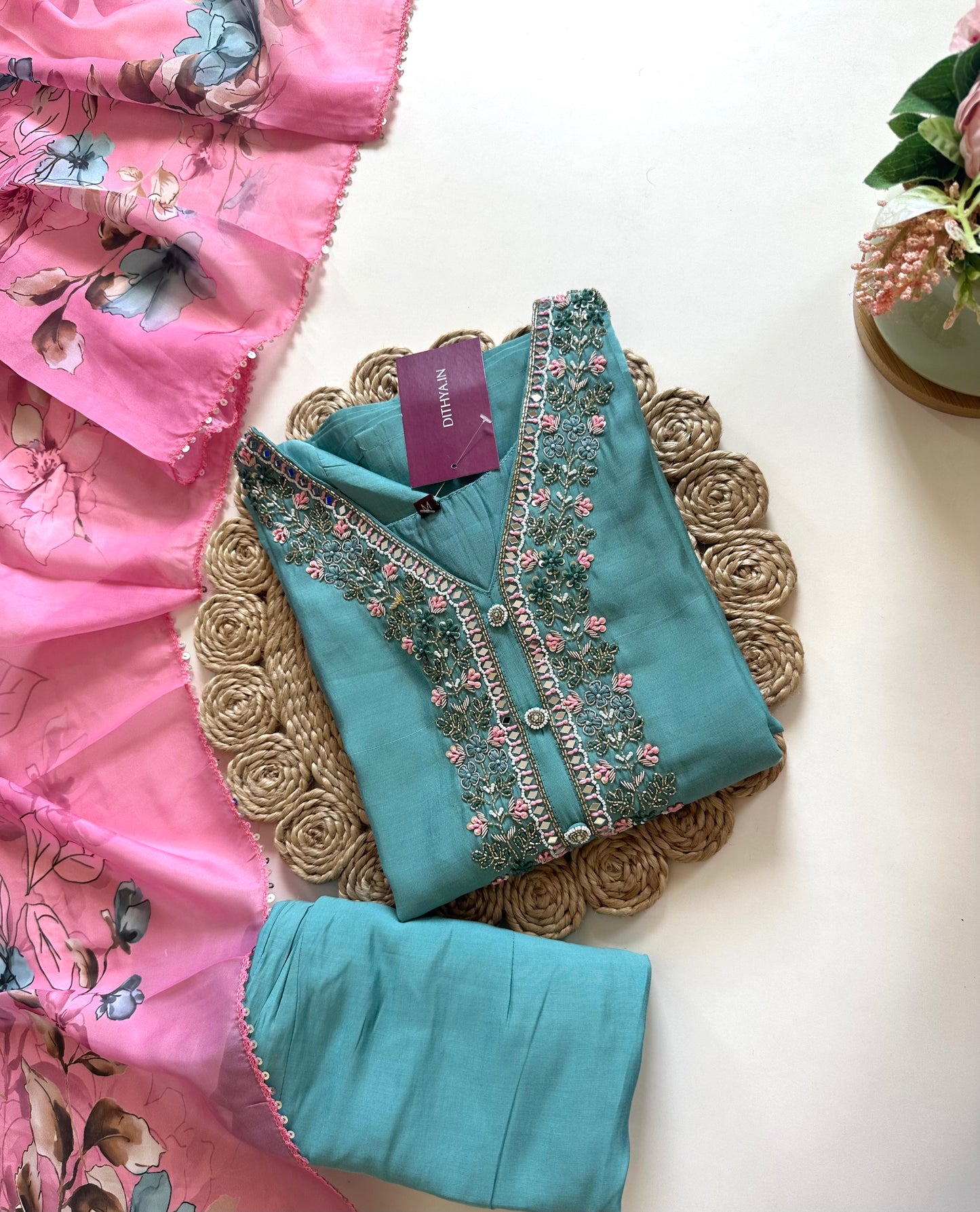 K026 - Roman silk straight kurti with pants and dupatta .