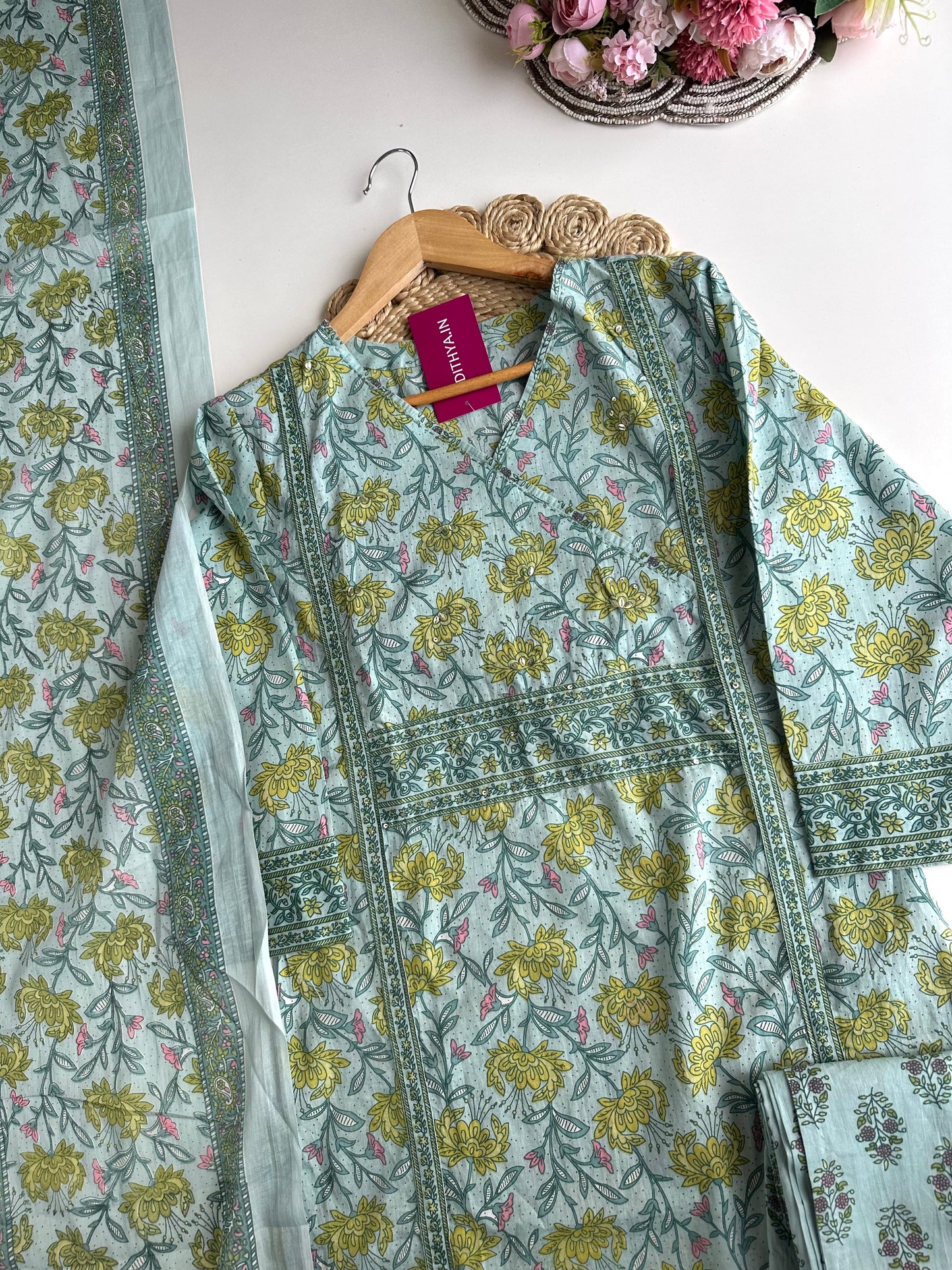 K422 - Cotton floral straight Kurti with pants and dupatta