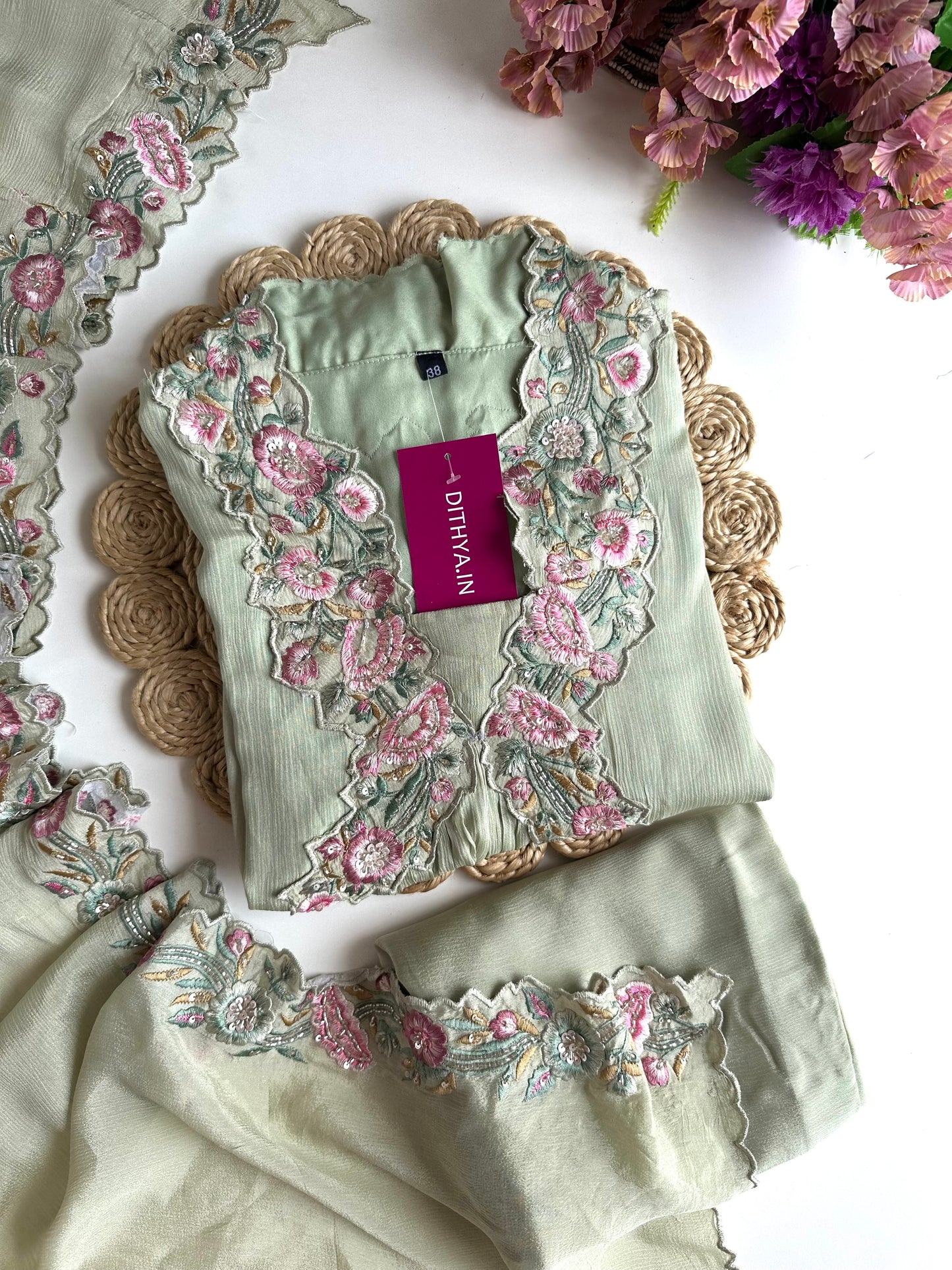 K177 - Chinnon Handwork Aline Kurti pant and dupatta