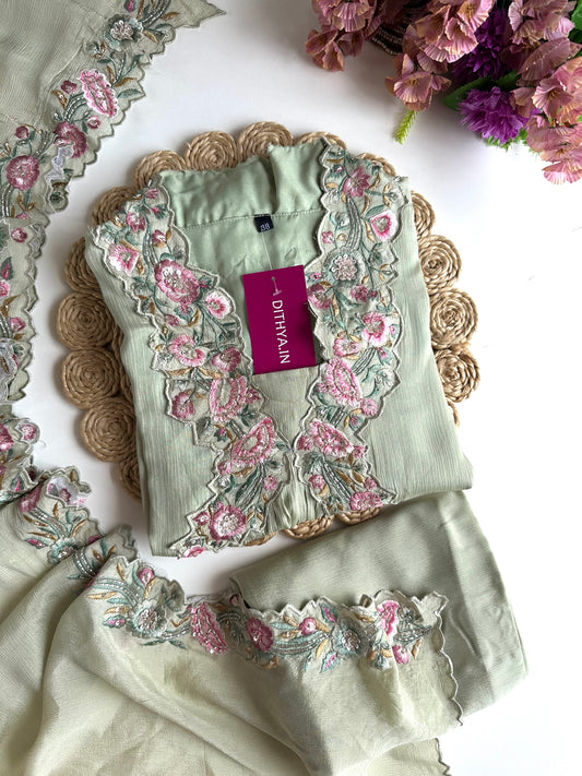 K177 - Chinnon Handwork Aline Kurti pant and dupatta