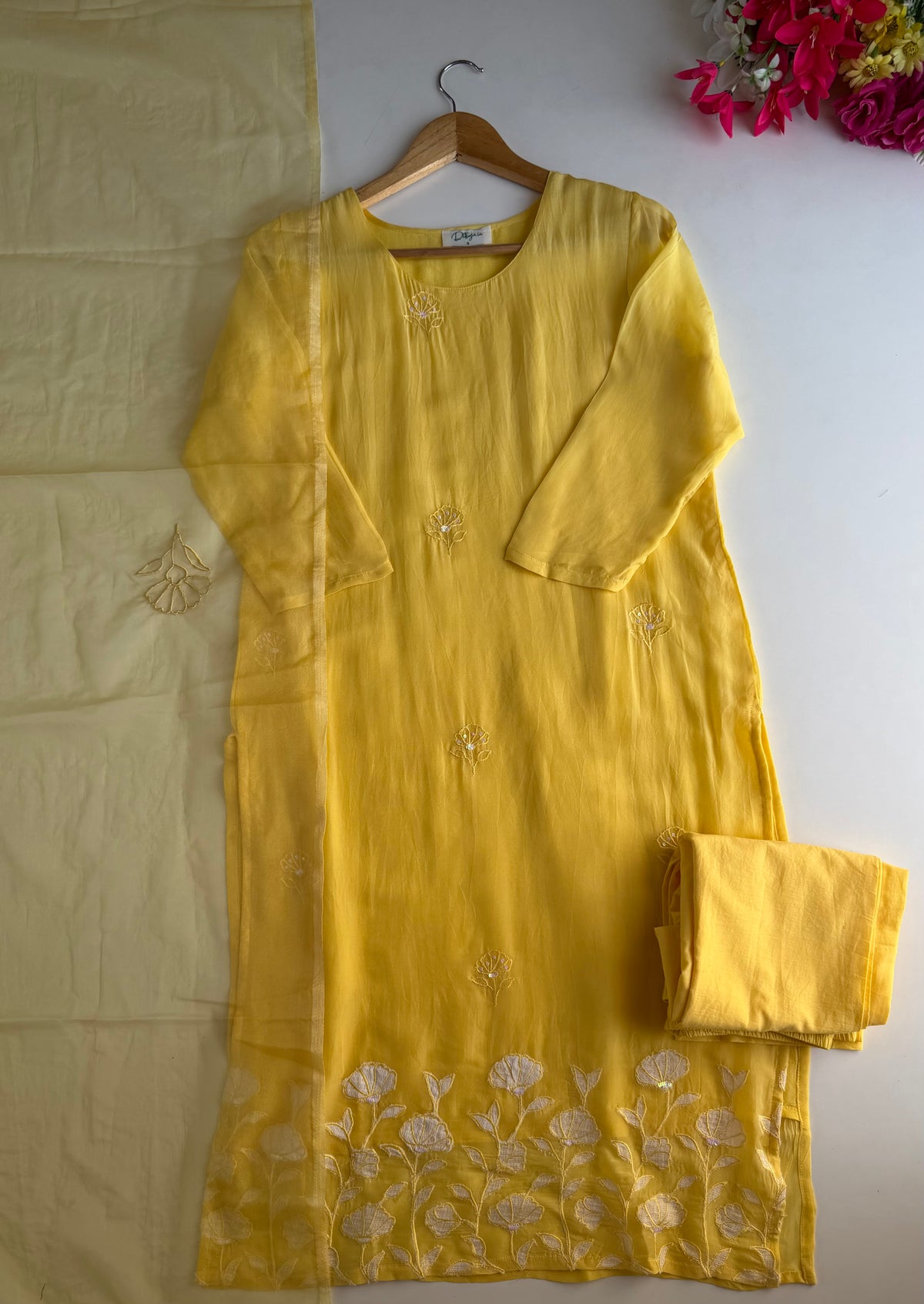K704 - Viscose organza appliqué work straight Kurti with pants and dupatta