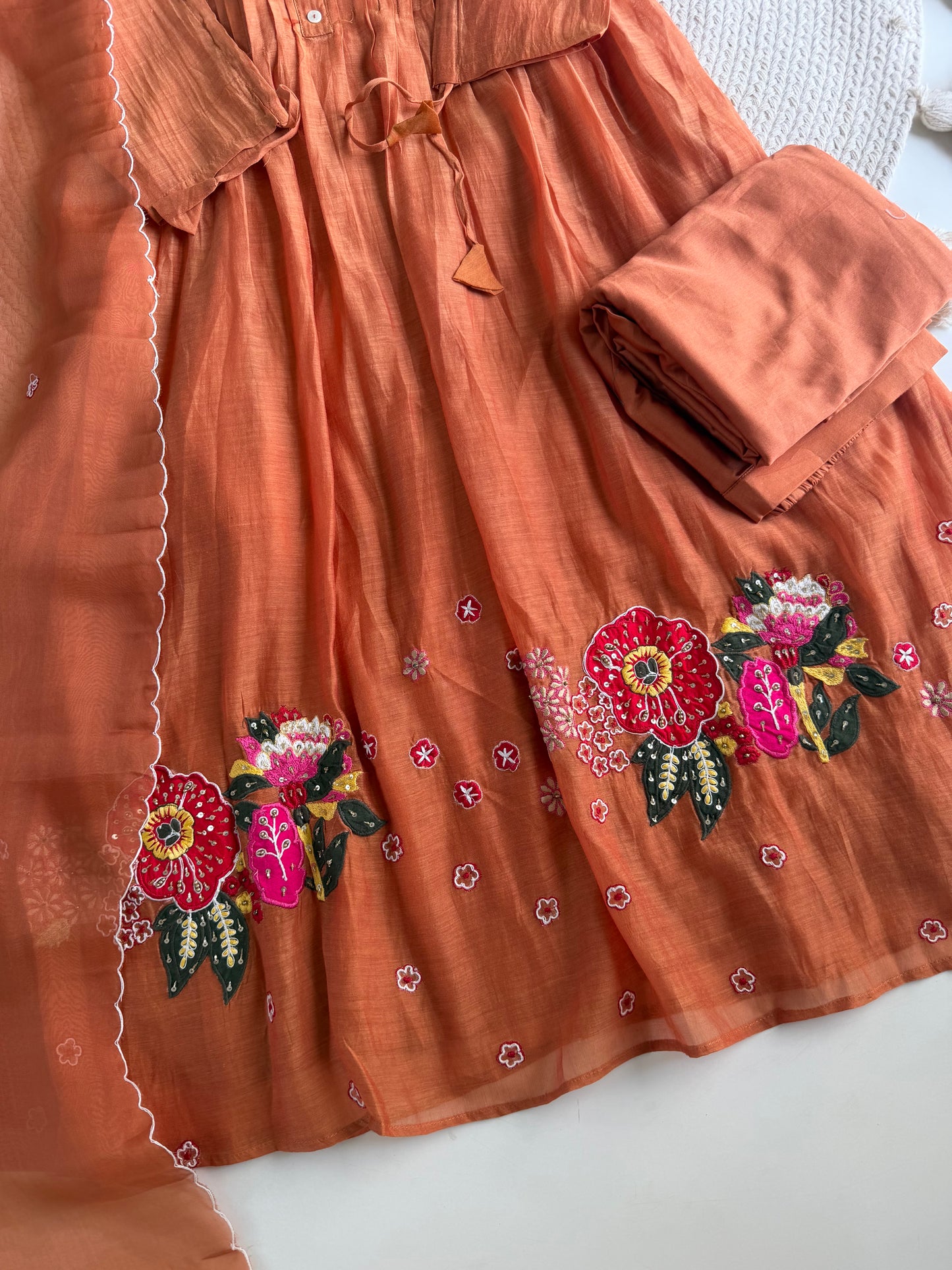 K154 - Mul chanderi handwork Anarkali with pants and dupatta