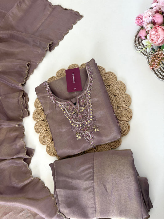K155 - Tissue silk handwork Short kurti with palazzo and dupatta