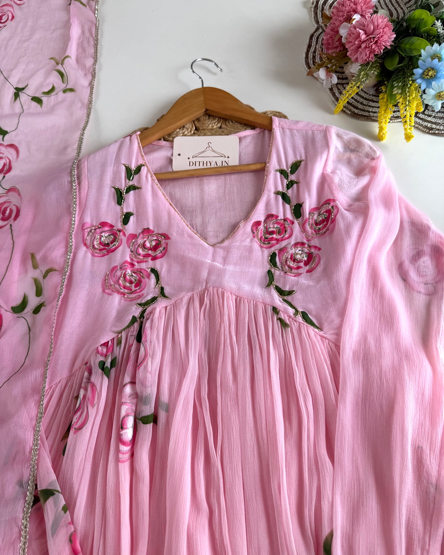 K428 - Pure Chinnon floral Anarkali with pants and dupatta