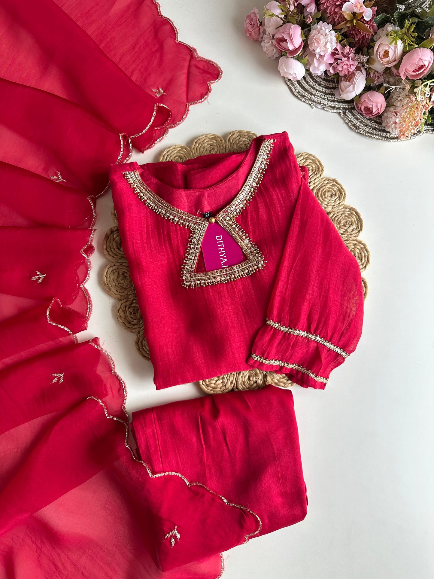 K228 - Mul Chanderi handwork Aline Kurti with pants and dupatta