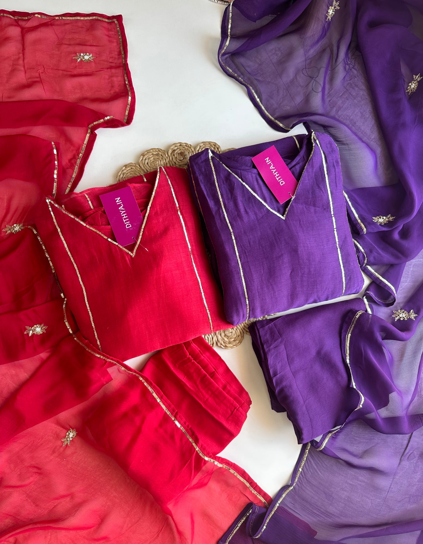 K070 - Mul Chanderi handwork Aline Kurti with pants and dupatta