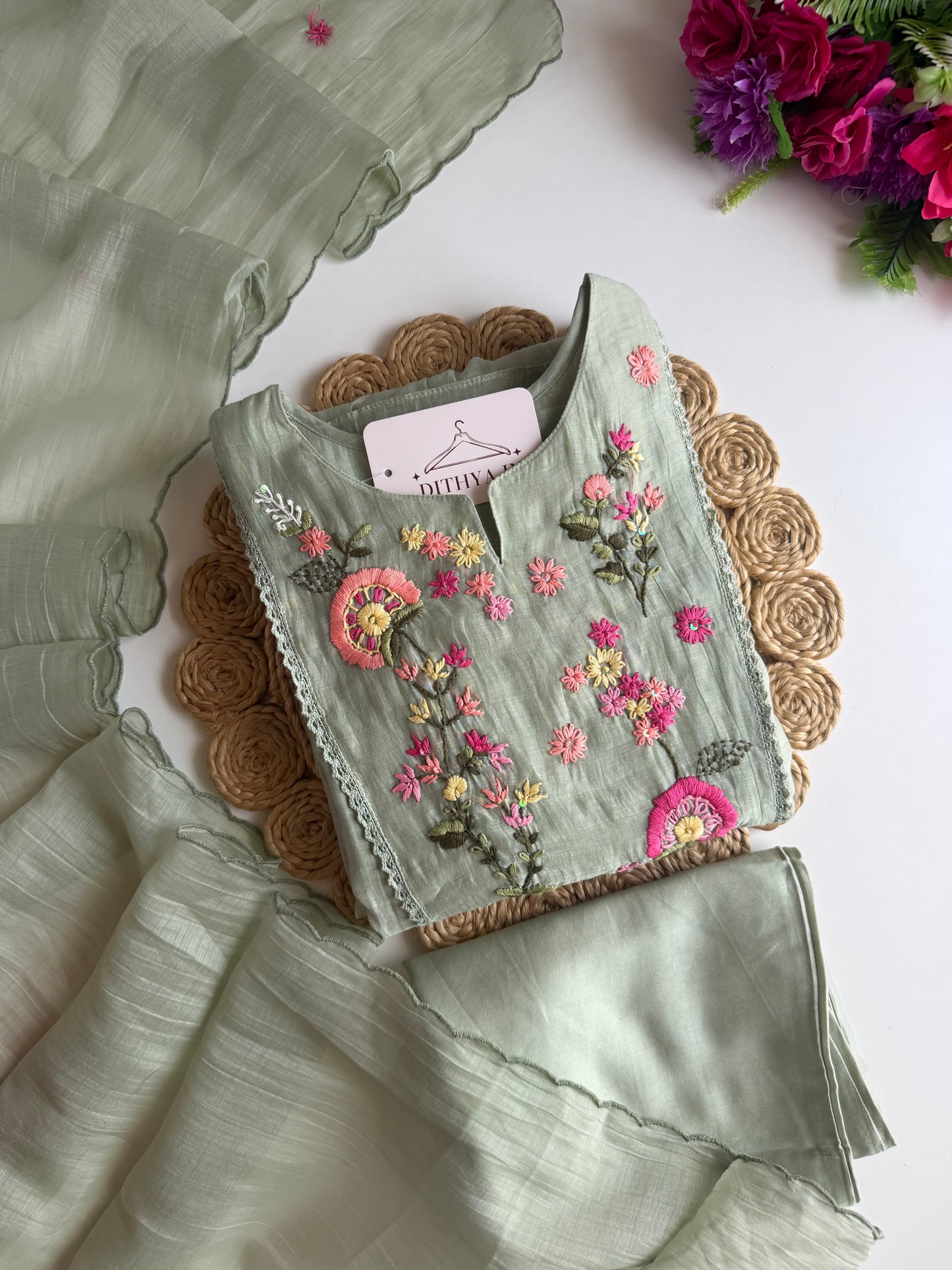 K542 - Mul chanderi embroidered Anarkali with pants and dupatta