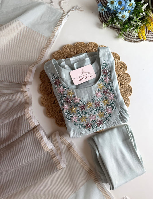 K485 - Mul chanderi handwork Anarkali with pants and dupatta