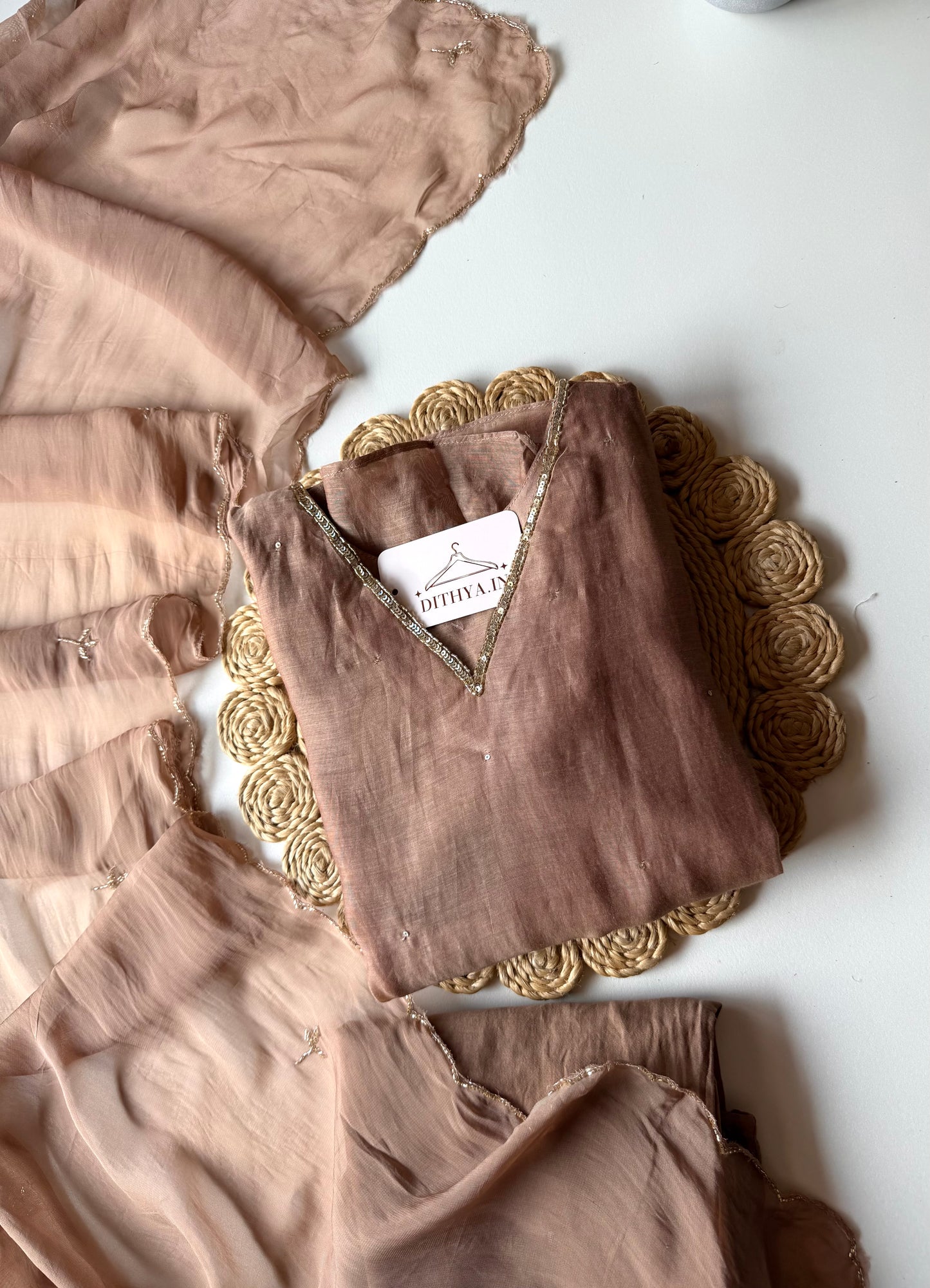 K593 - Mul chanderi handwork aline Kurti with pants and dupatta