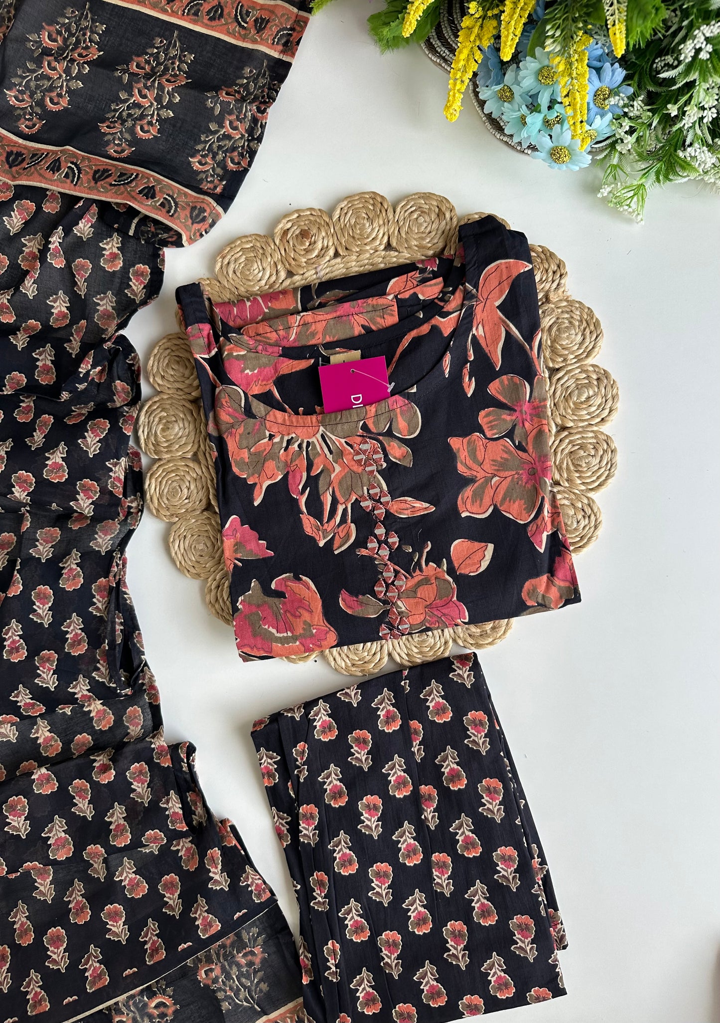 K071 - Cotton floral straight Kurti with pants and dupatta in 4 colours