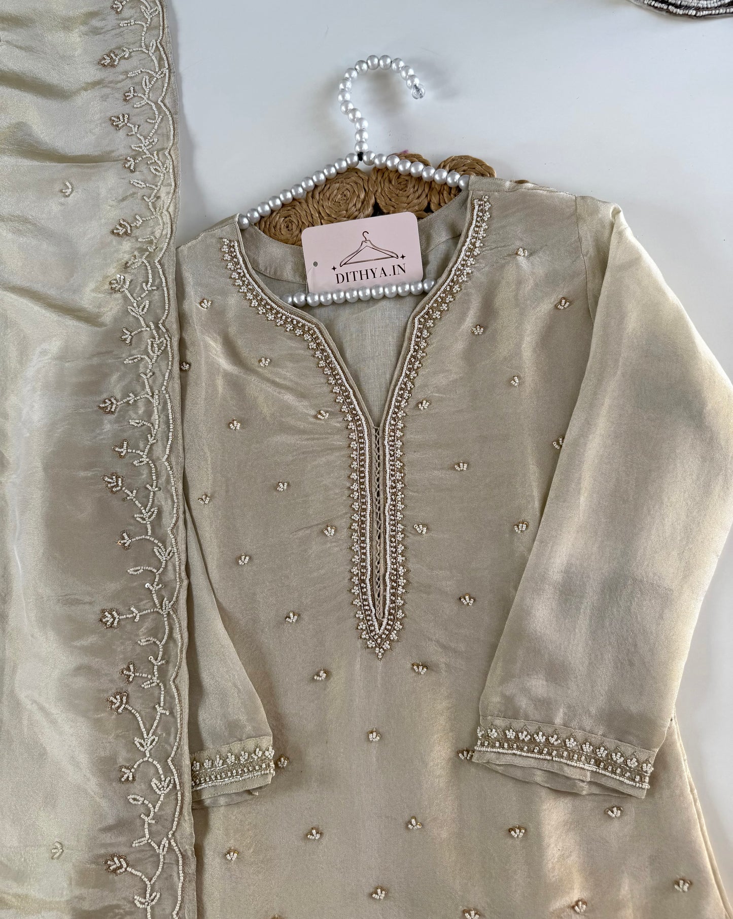 K602 - Tissue silk pearl work straight Kurti with pants and dupatta in 2 colours