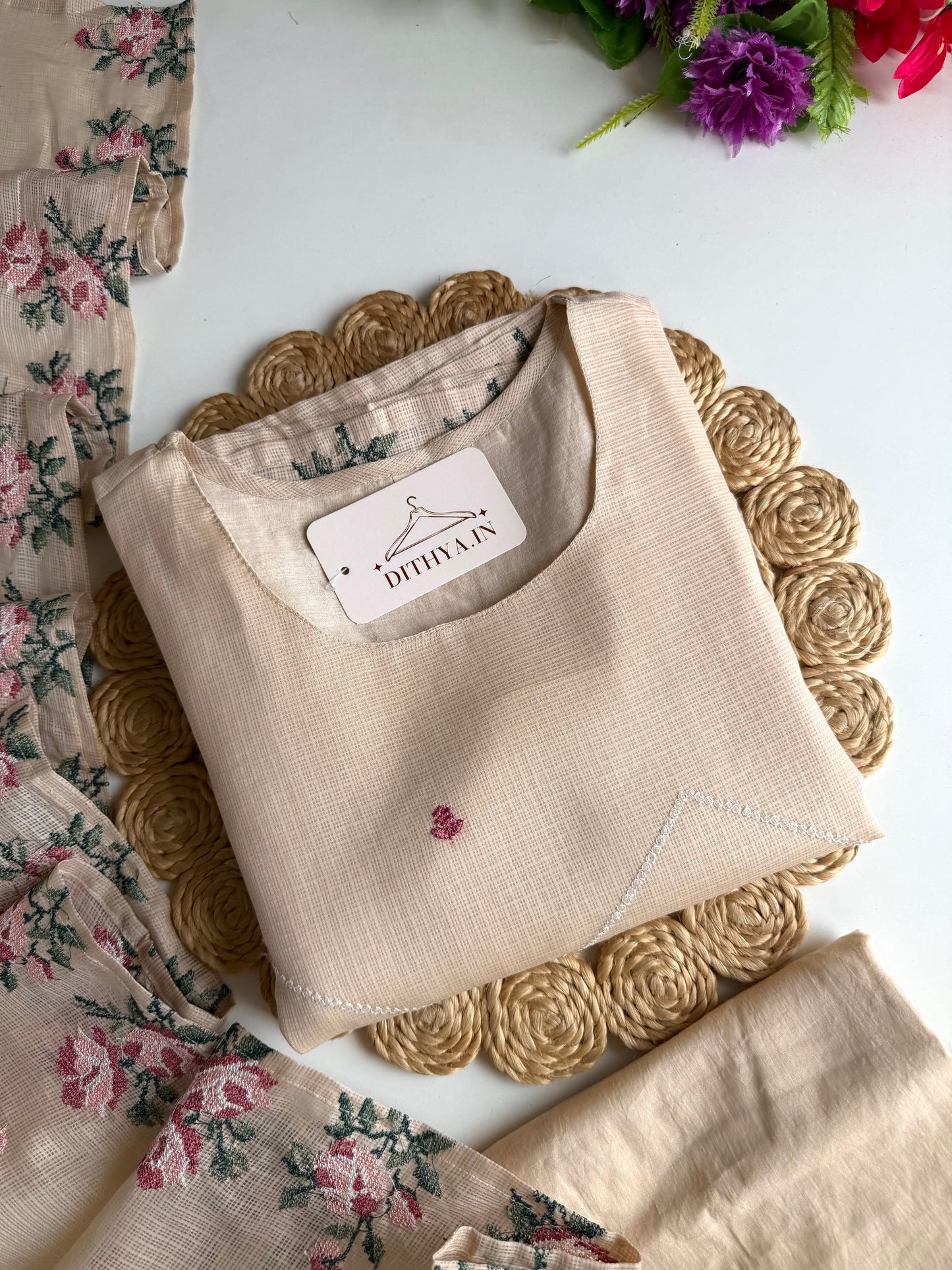 K220 - Kota doriya cross stitch embroidery straight Kurti with pants and dupatta