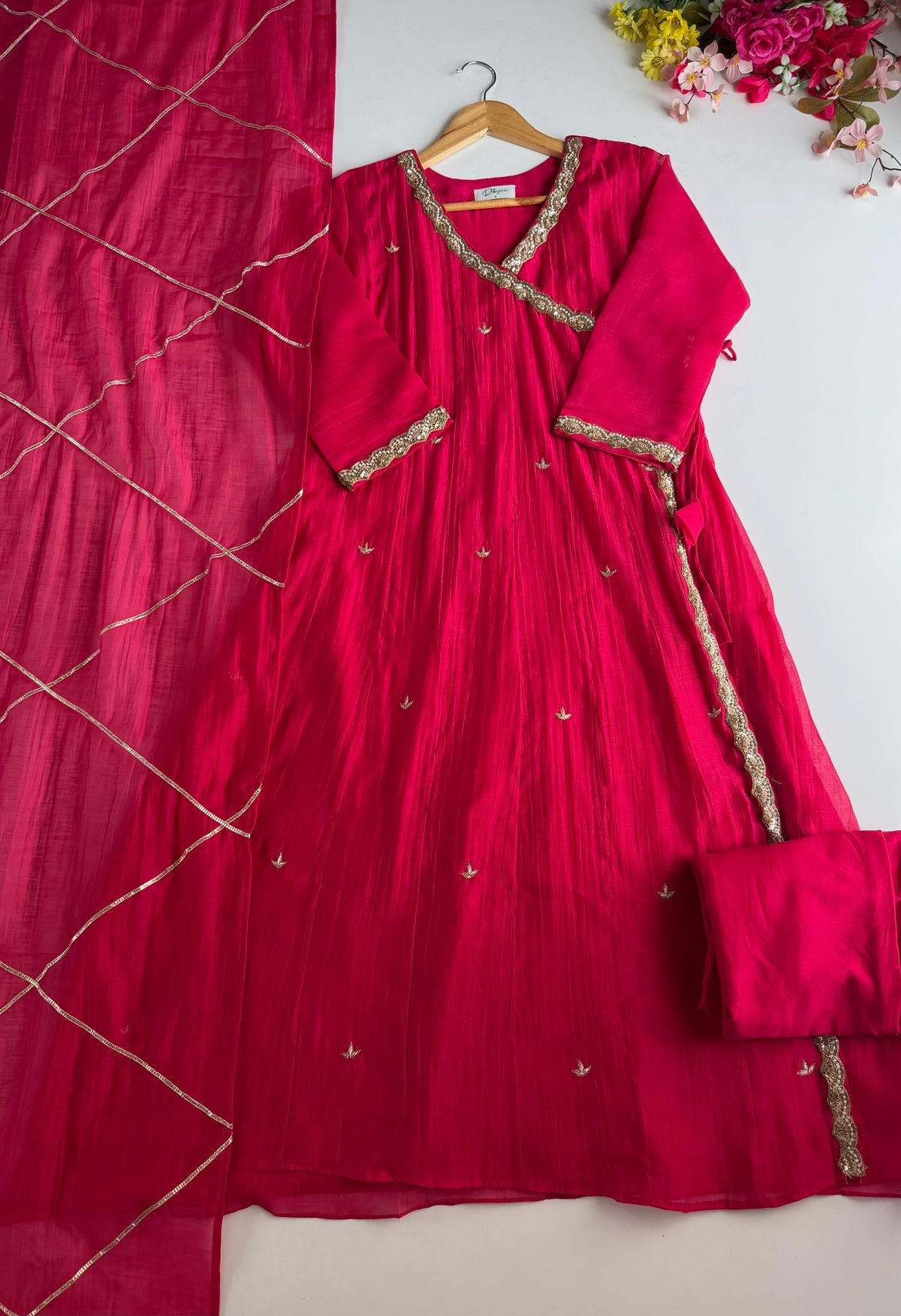 K307 - Pure Banarasi Mul chanderi angrakha embroidered with pants and dupatta