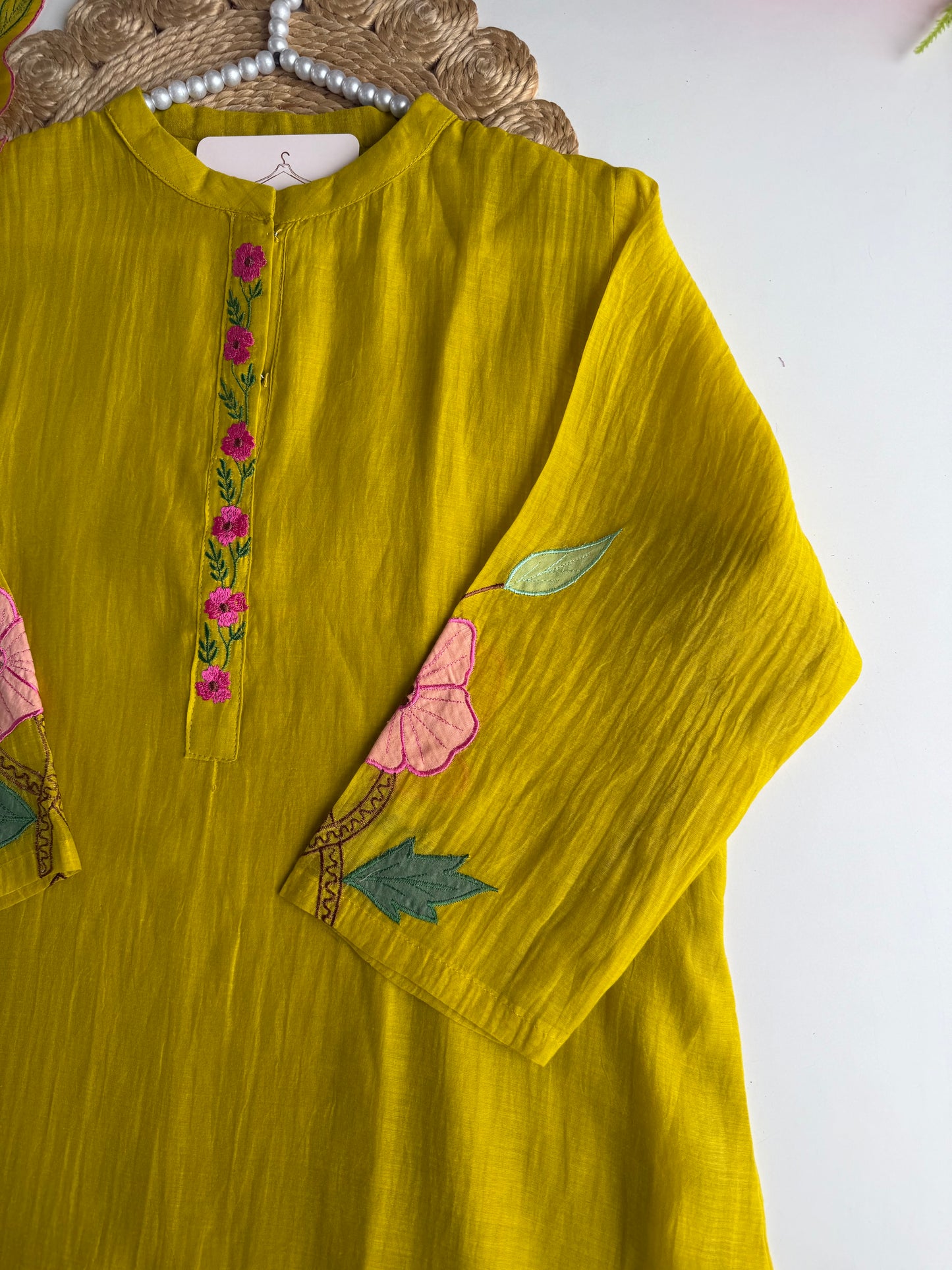 K006 - Mul chanderi appliqué embroidered Aline Kurti with pants and dupatta