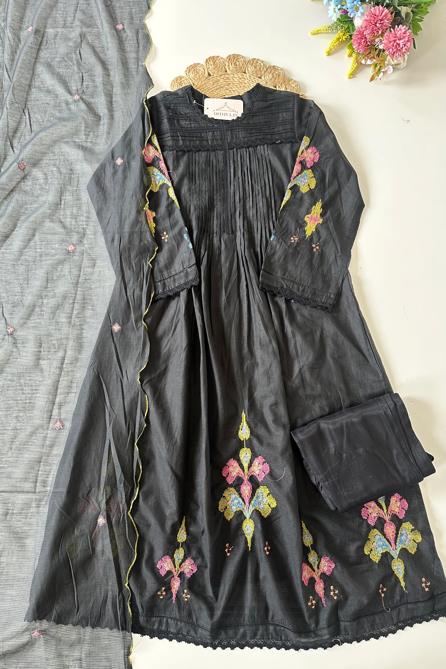 K012 - Doriya cotton embroidered Anarkali with pants and dupatta