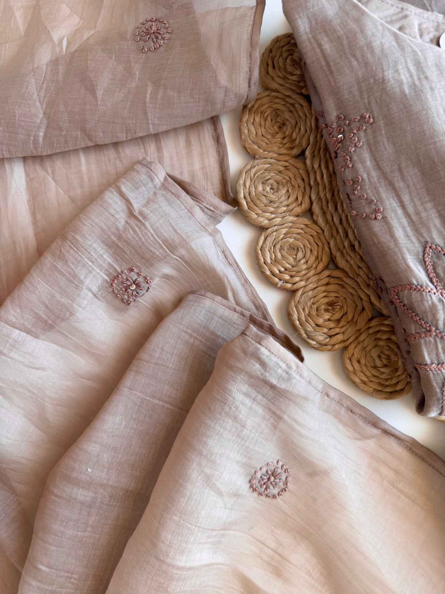 K056 - Mul chanderi French knot embroidered Aline Kurti with pants and dupatta in 2 colours
