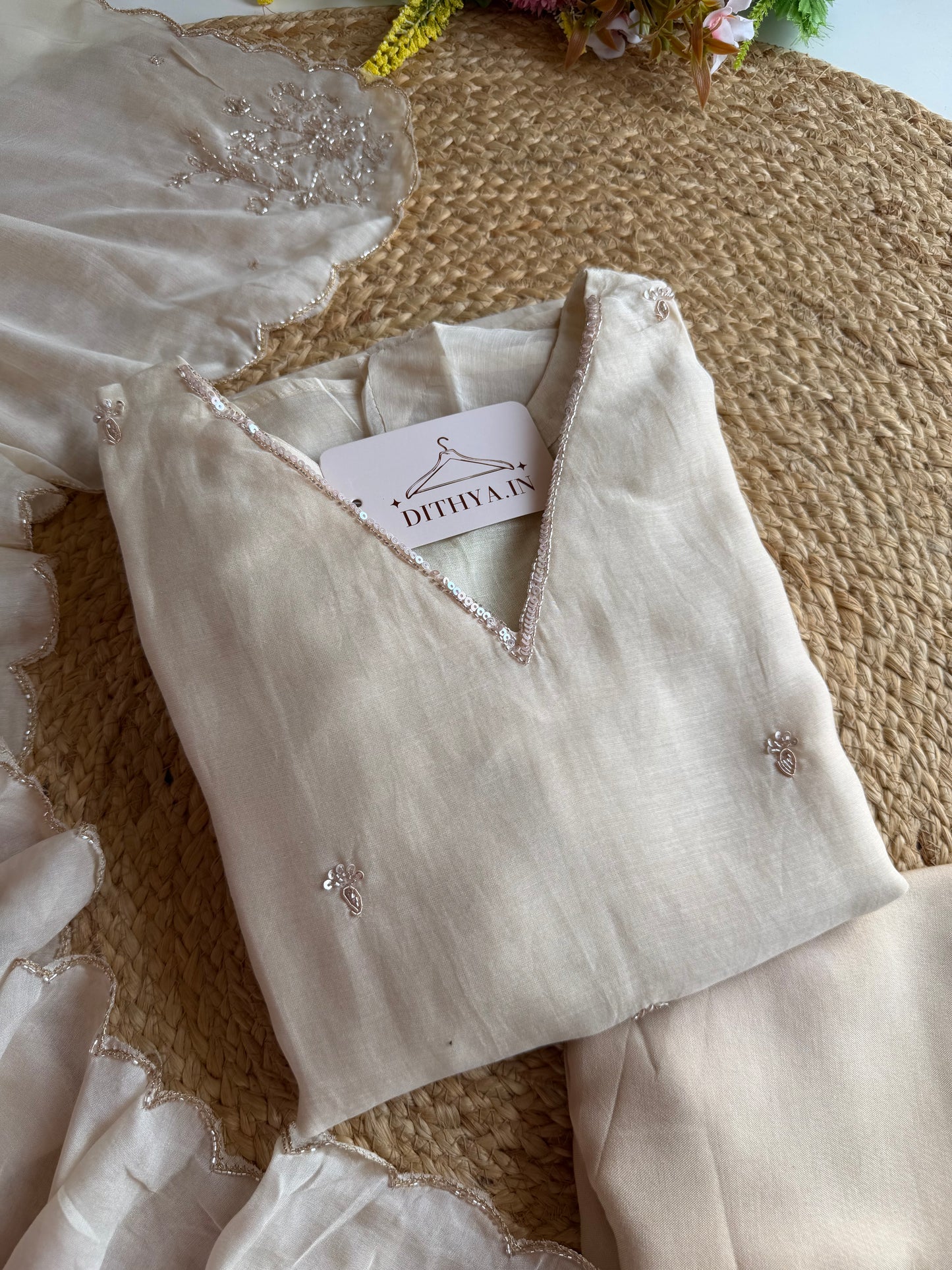 K140 - Mul chanderi handwork Aline Kurti with pants and dupatta