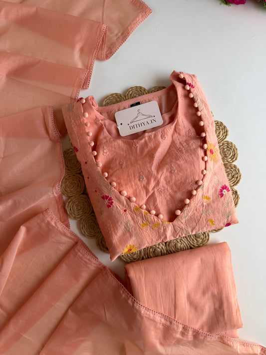 K293 - Mul chanderi embroidered padded inner Aline Kurti with pants and dupatta
