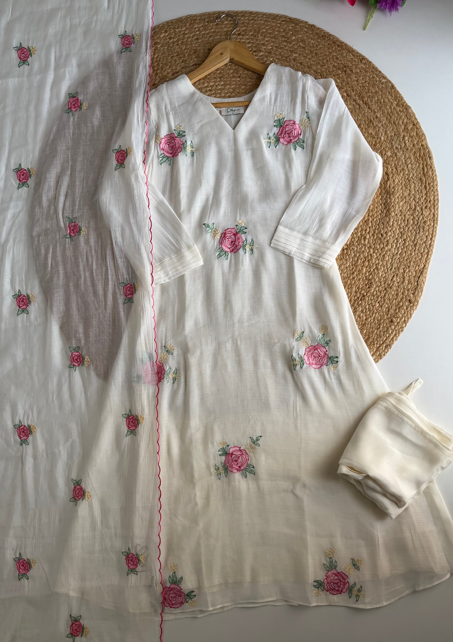 K429 - Surat Mul chanderi embroidered Aline Kurti with pants and dupatta