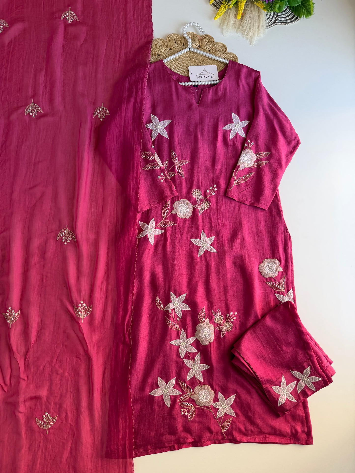 K544 - Russian silk appliqué work straight Kurti with pants and dupatta