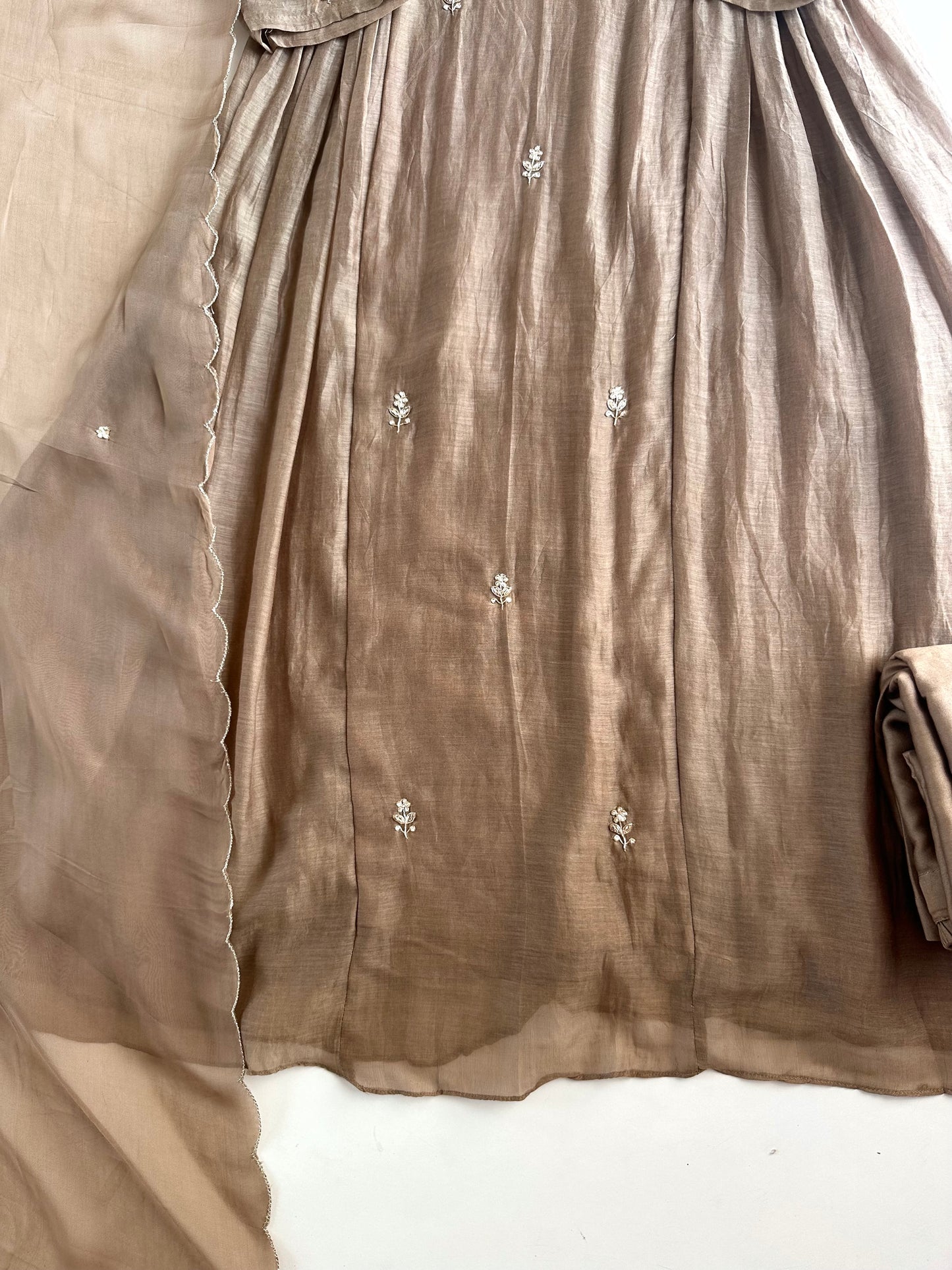 K160 - Mul Chanderi handwork Aline Kurti with pants and dupatta