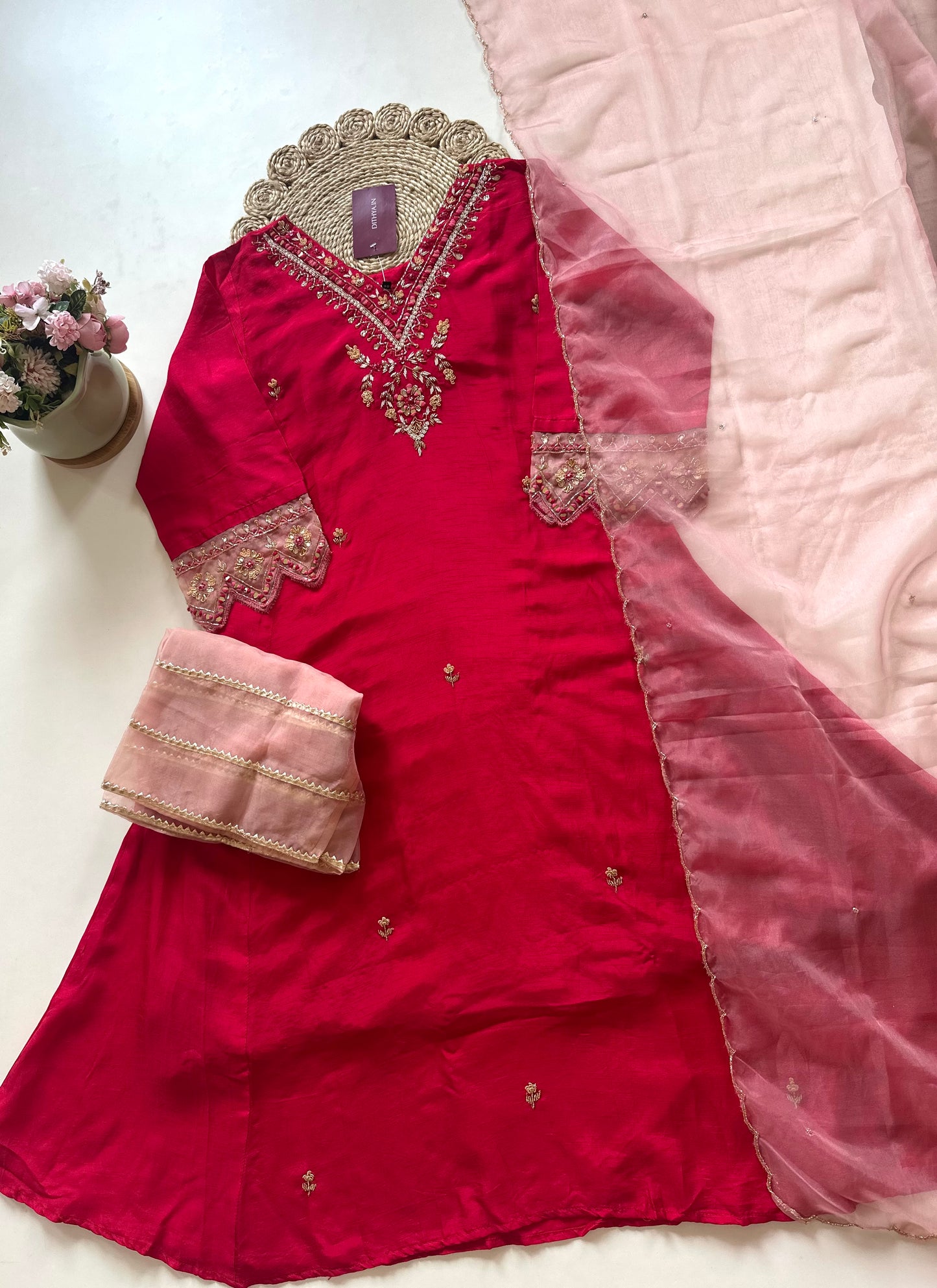 K189 - Handwork Russian silk Anarkali with pants and organza dupatta.