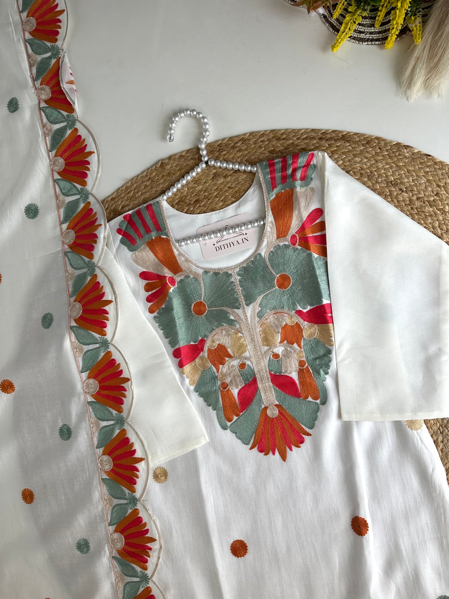 K491 - Roman silk embroidered straight Kurti with pants and dupatta