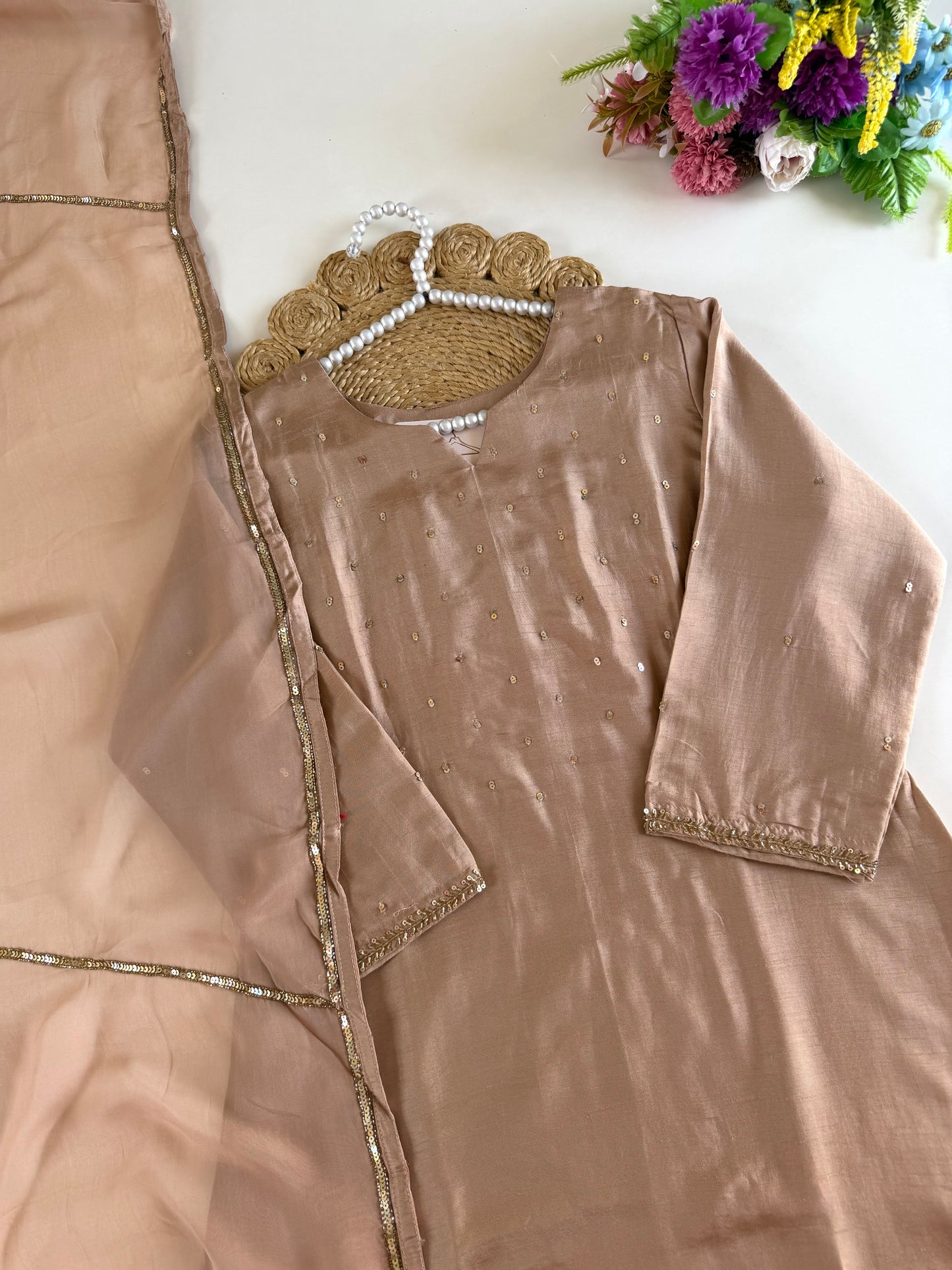 K410 - Russian silk handwork aline Kurti with pants and dupatta