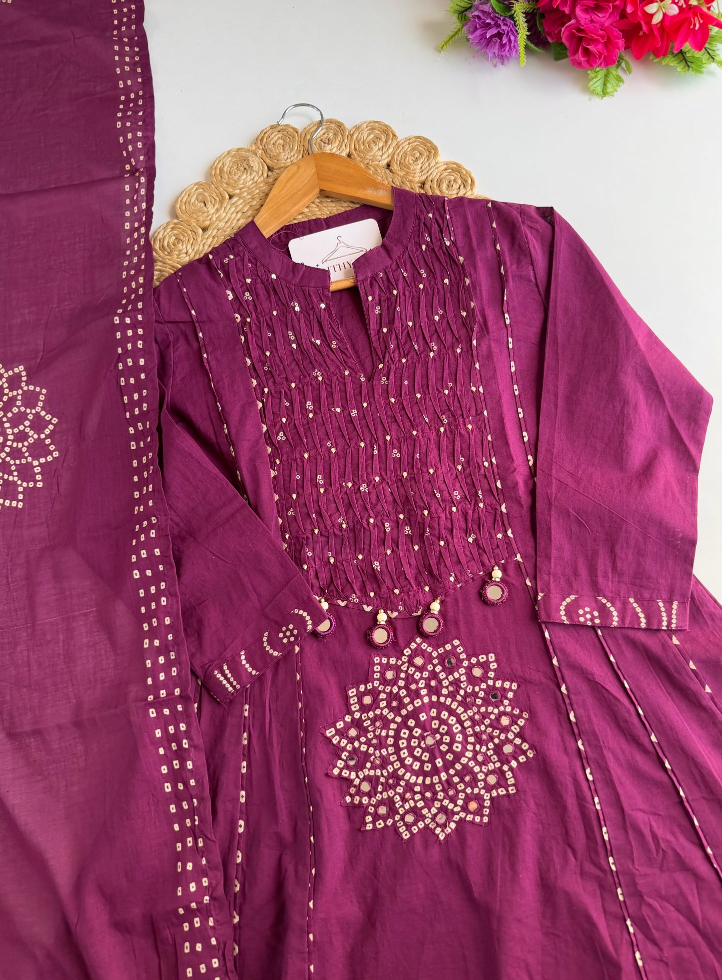 K273 - Mul cotton mirror work Anarkali with pants and dupatta in 4 colours
