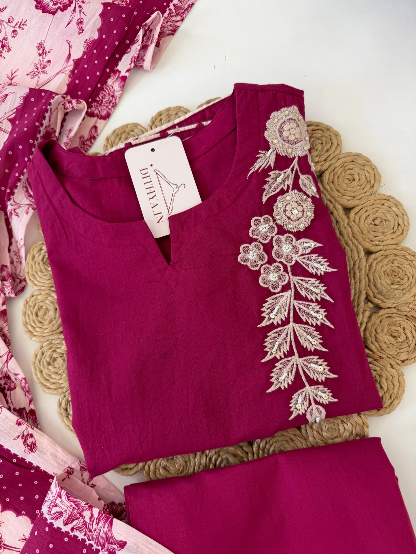 K594 - Mul cotton embroidered straight Kurti with pants and dupatta