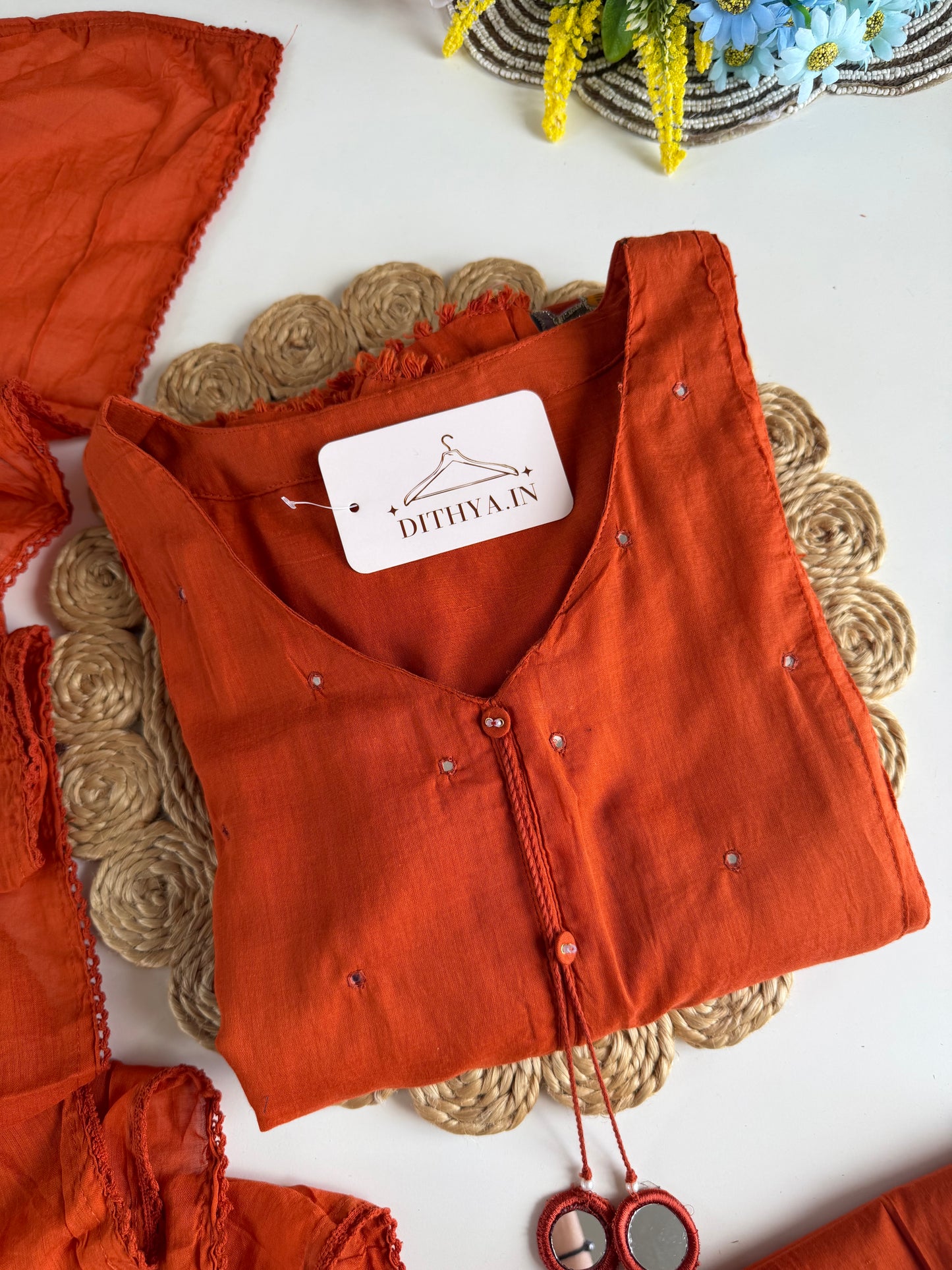 K686 - Cotton appliqué Aline Kurti with pants and dupatta