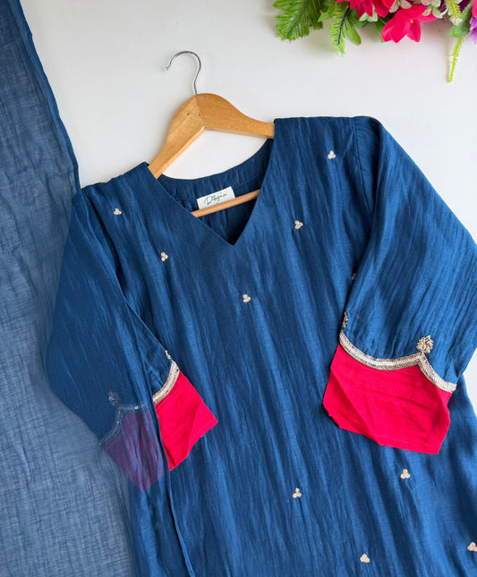 K543 - Mul Chanderi handwork Aline Kurti with pants and dupatta