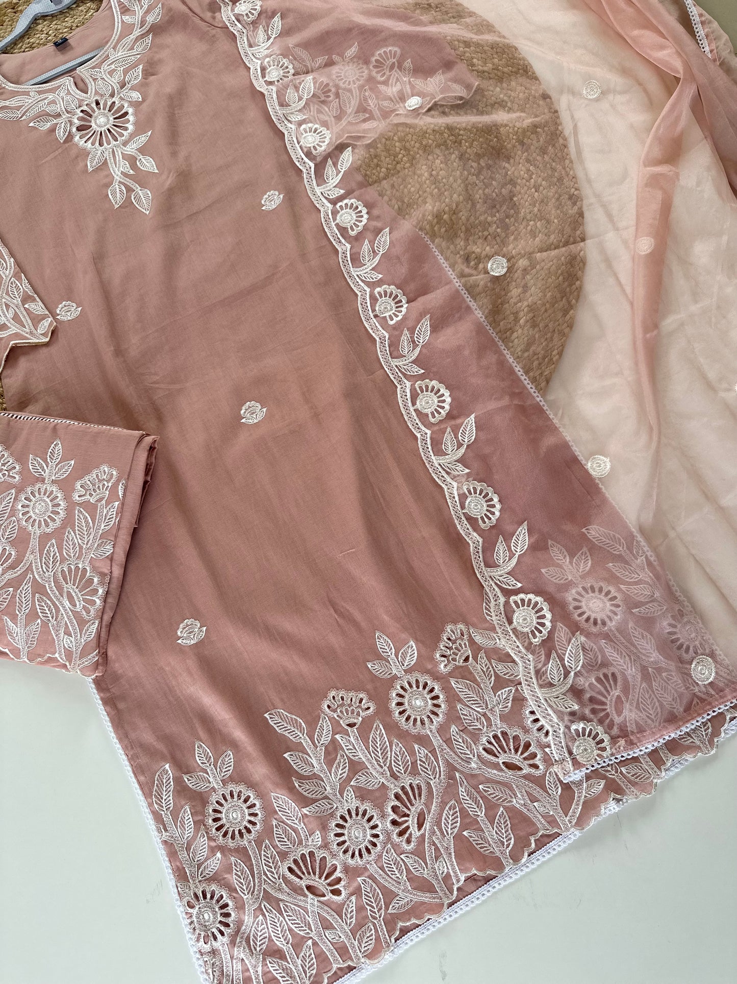 K316 - Mul cotton embroidered kurti With palazzo and organza dupatta .