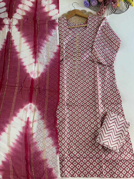 D395-Cotton straight Kurti  with pants and dupatta