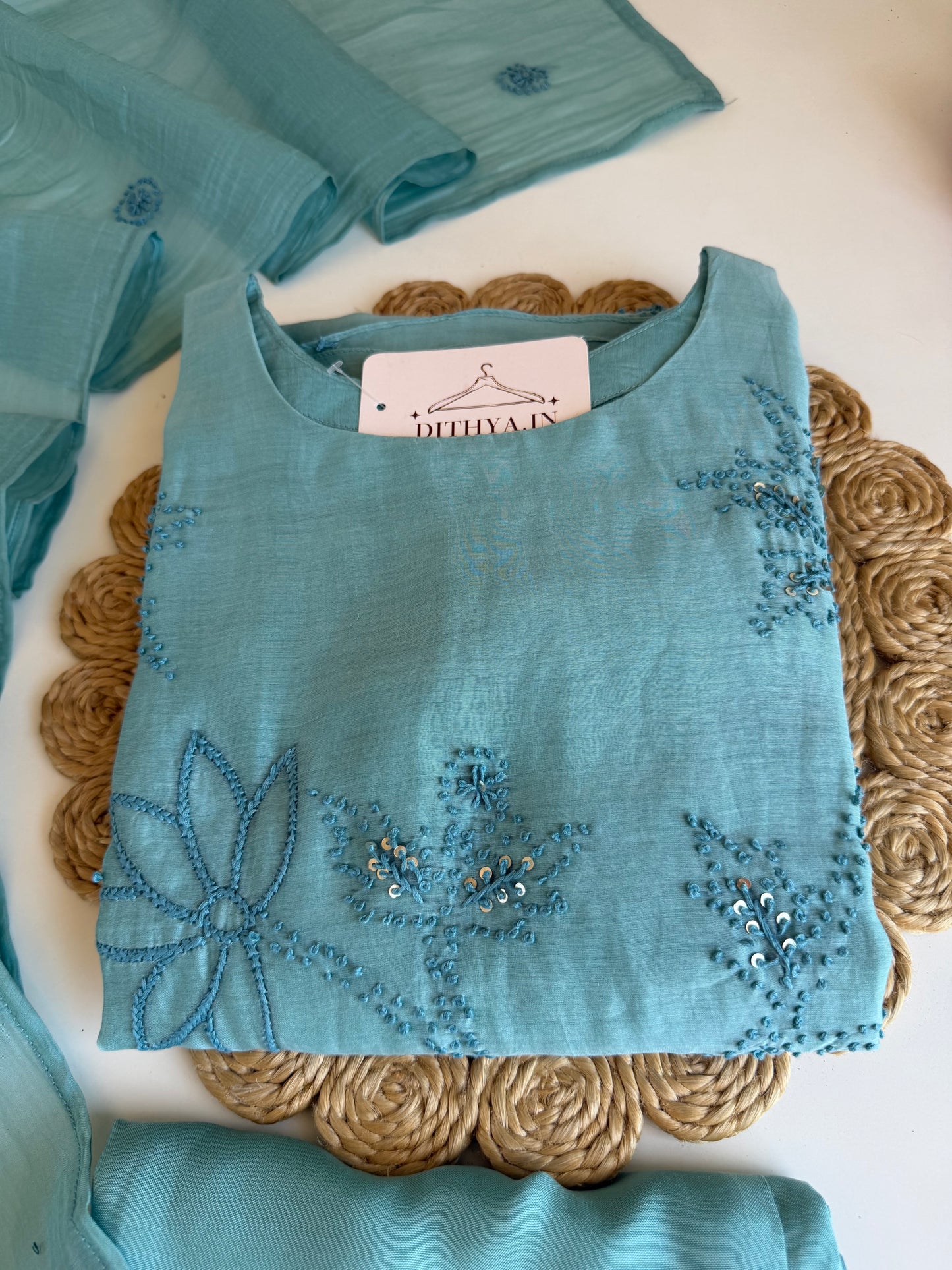 K056 - Mul chanderi French knot embroidered Aline Kurti with pants and dupatta in 2 colours