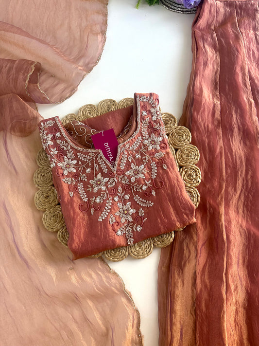 K180 - Tissue silk handwork short Kurti with palazzo and dupatta