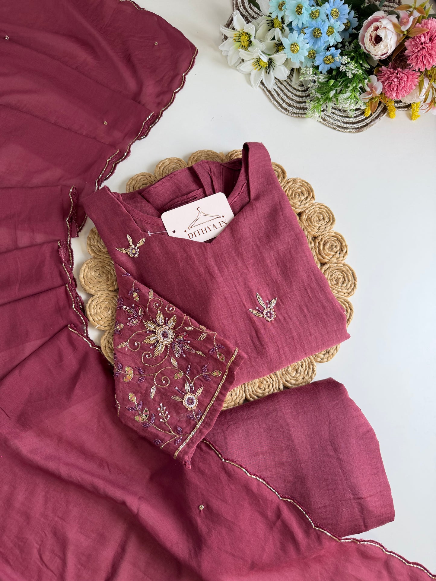 K453 - Mul chanderi handwork aline Kurti with pants and dupatta