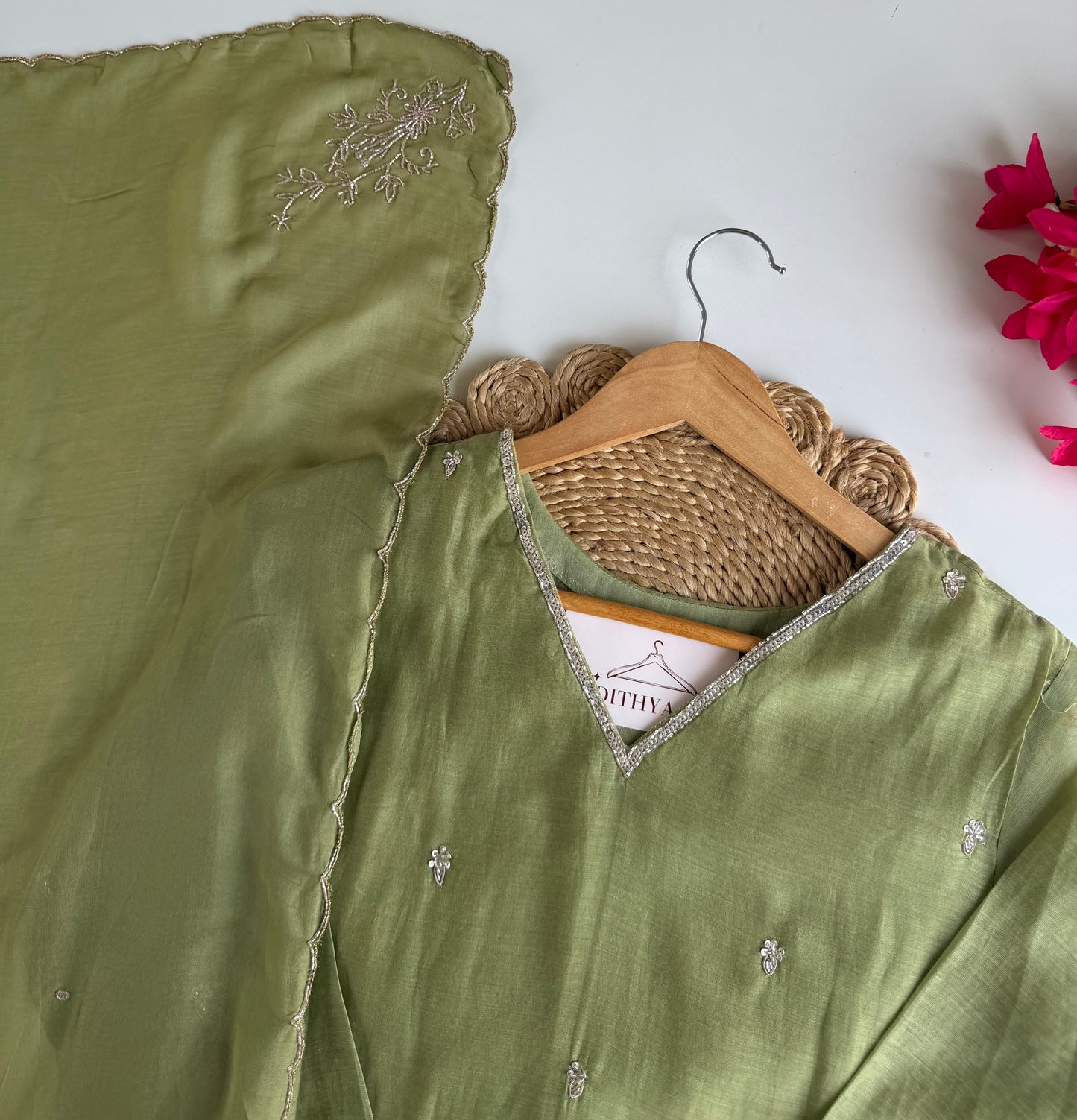 K638 - Mul chanderi handwork Aline Kurti with pants and dupatta