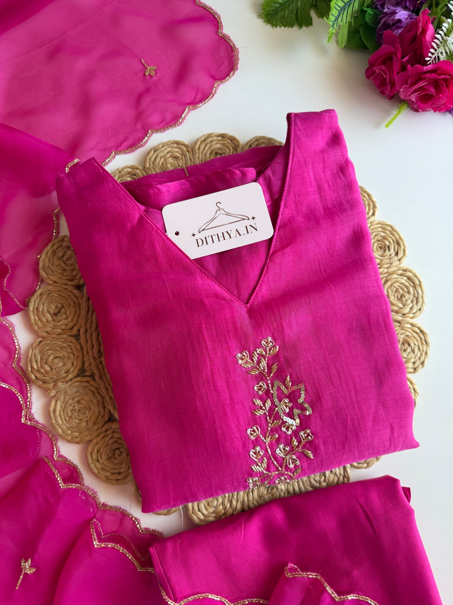K616 - Mul chanderi handwork Aline Kurti with pants and dupatta