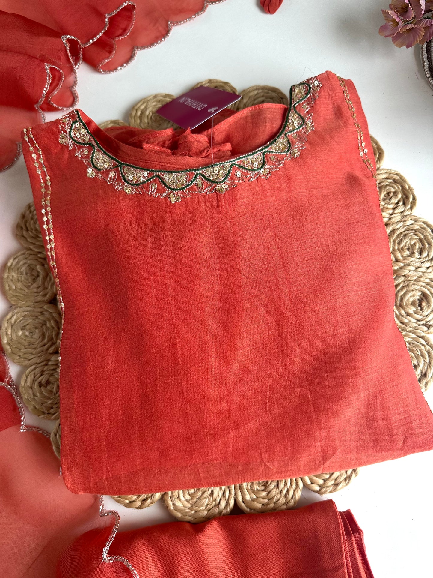 K010 - Mul Chanderi handwork Aline Kurti with pants and dupatta