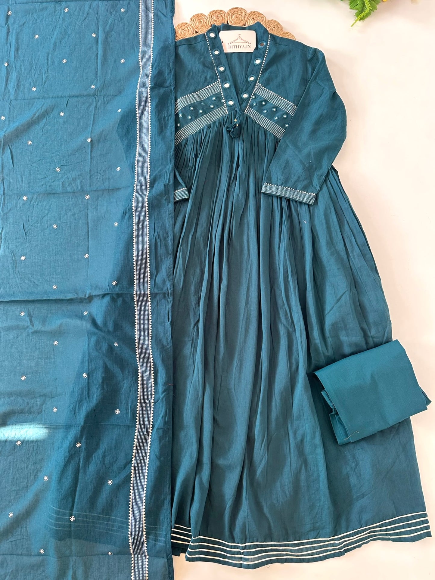 K387 - Mul cotton mirror work Anarkali with pants and dupatta