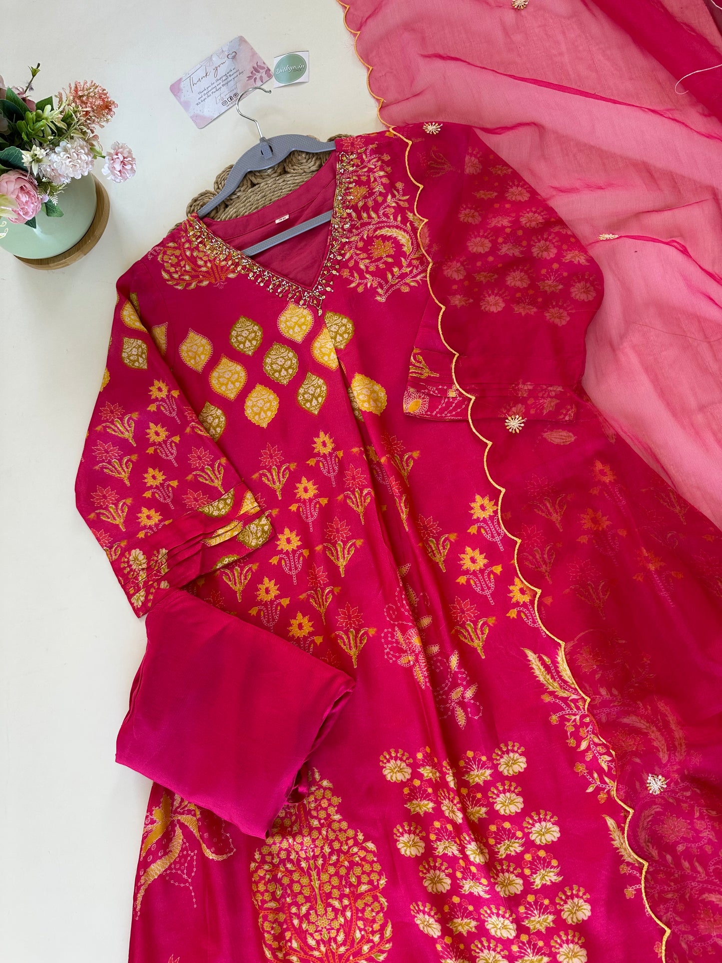 K332 - Russian silk Aline Anarkali with pants and organza dupatta.