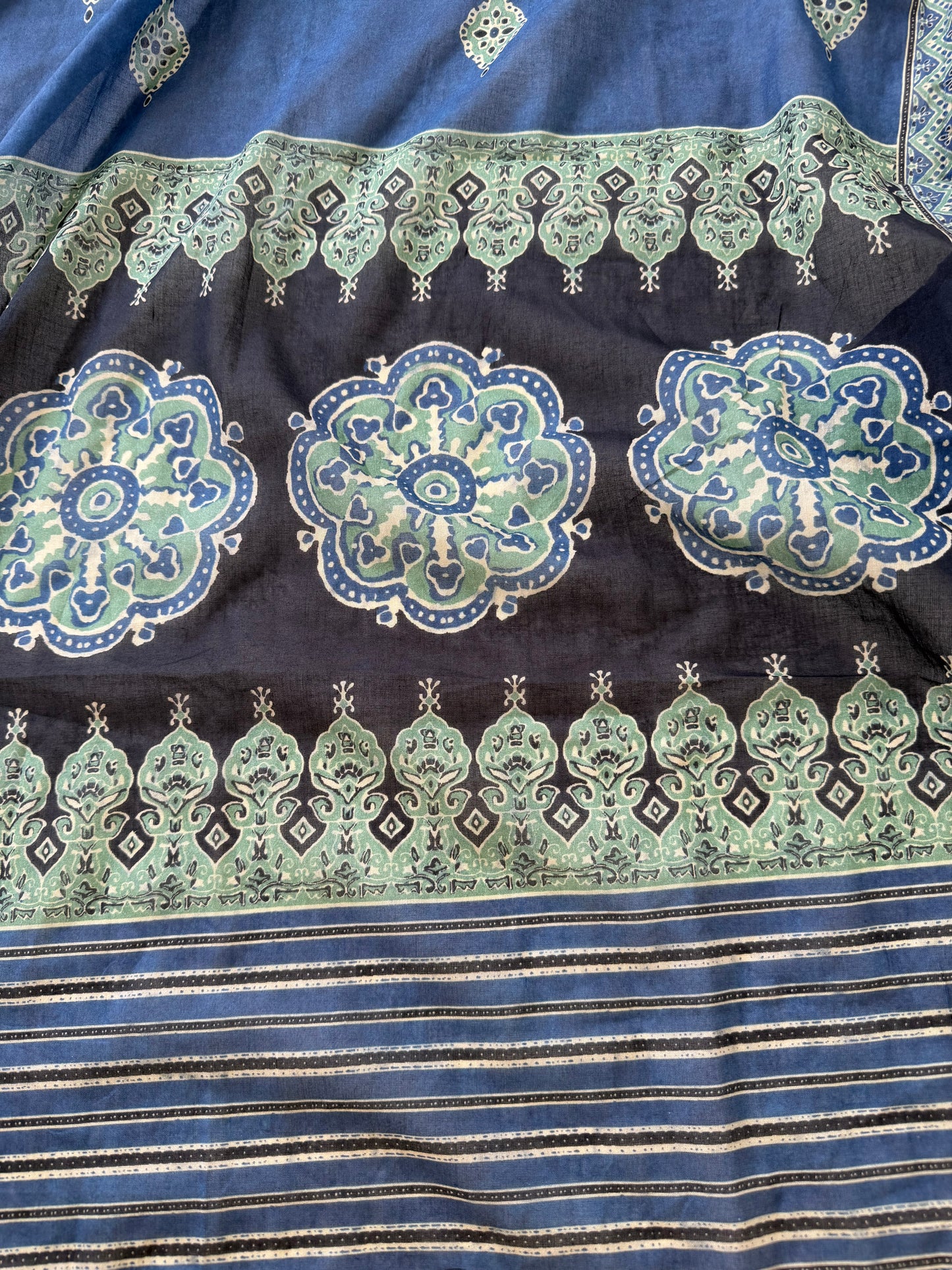 K144 - Mul cotton ajrakh embroidered straight Kurti with pants and dupatta