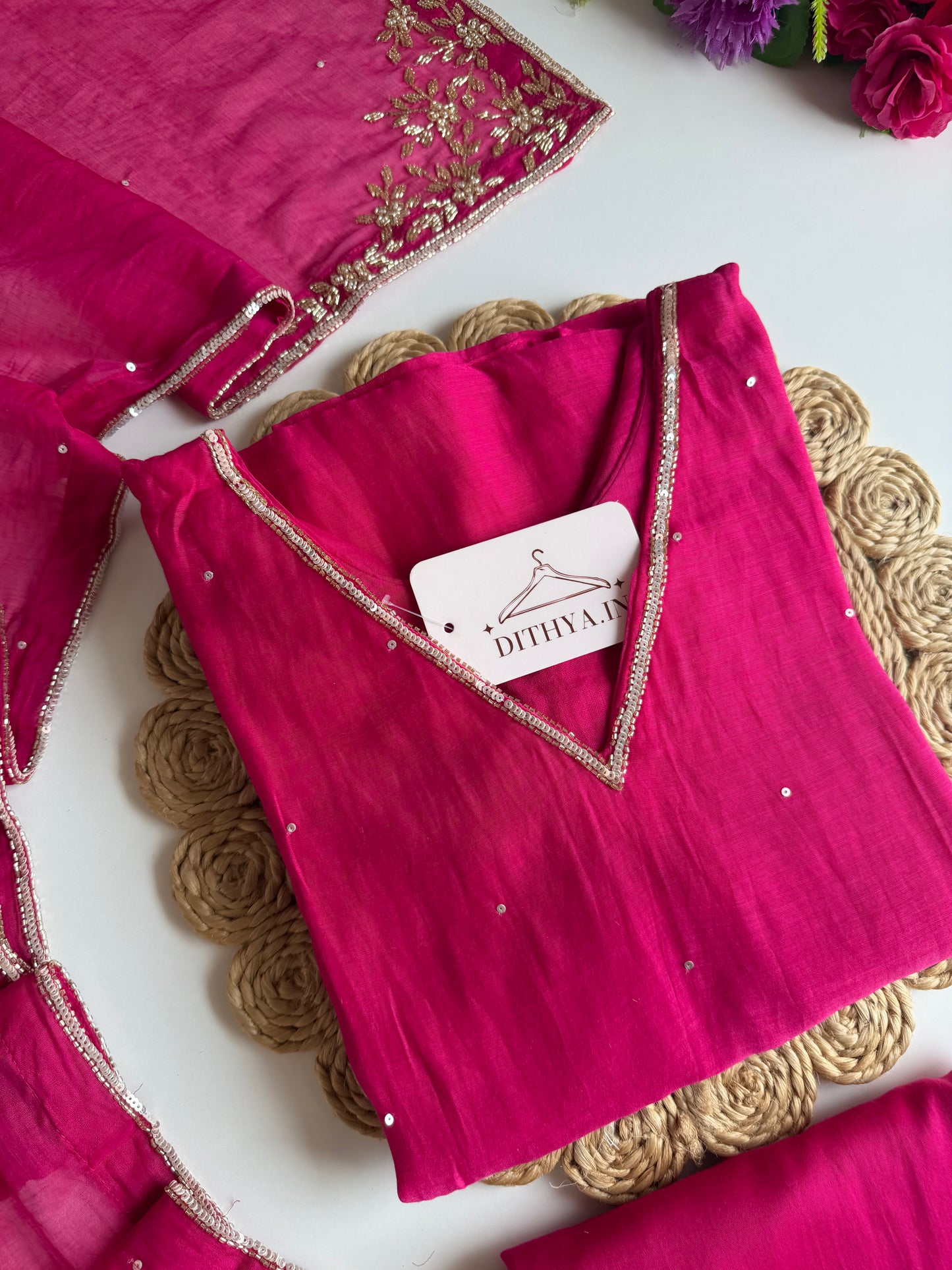 K302 - Mul chanderi handwork aline Kurti with pants and dupatta