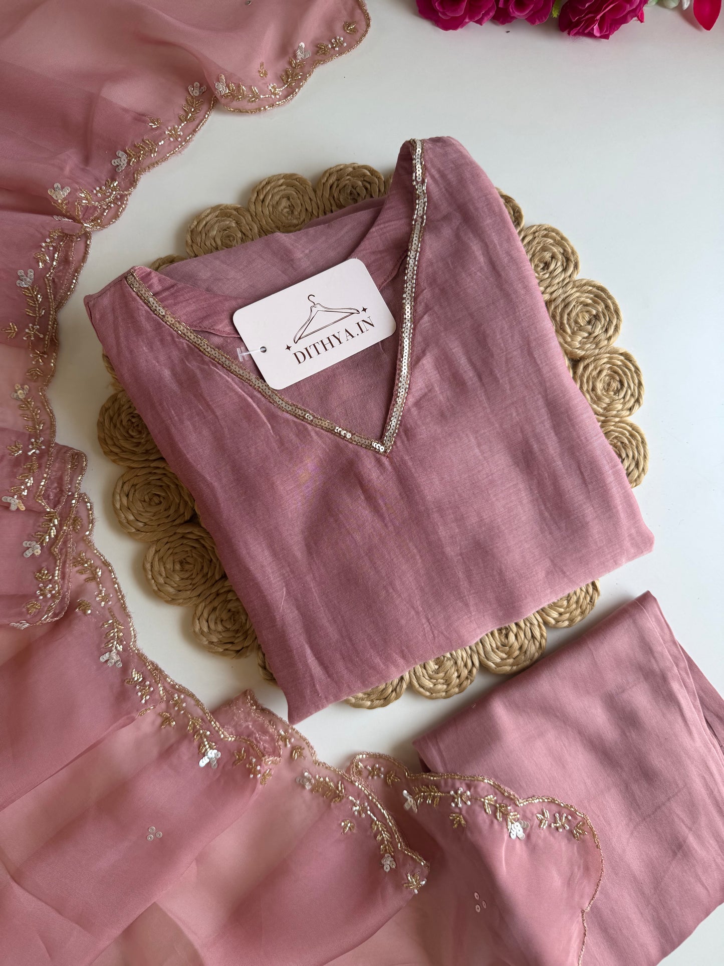 K248 - Mul chanderi handwork aline Kurti with pants and dupatta