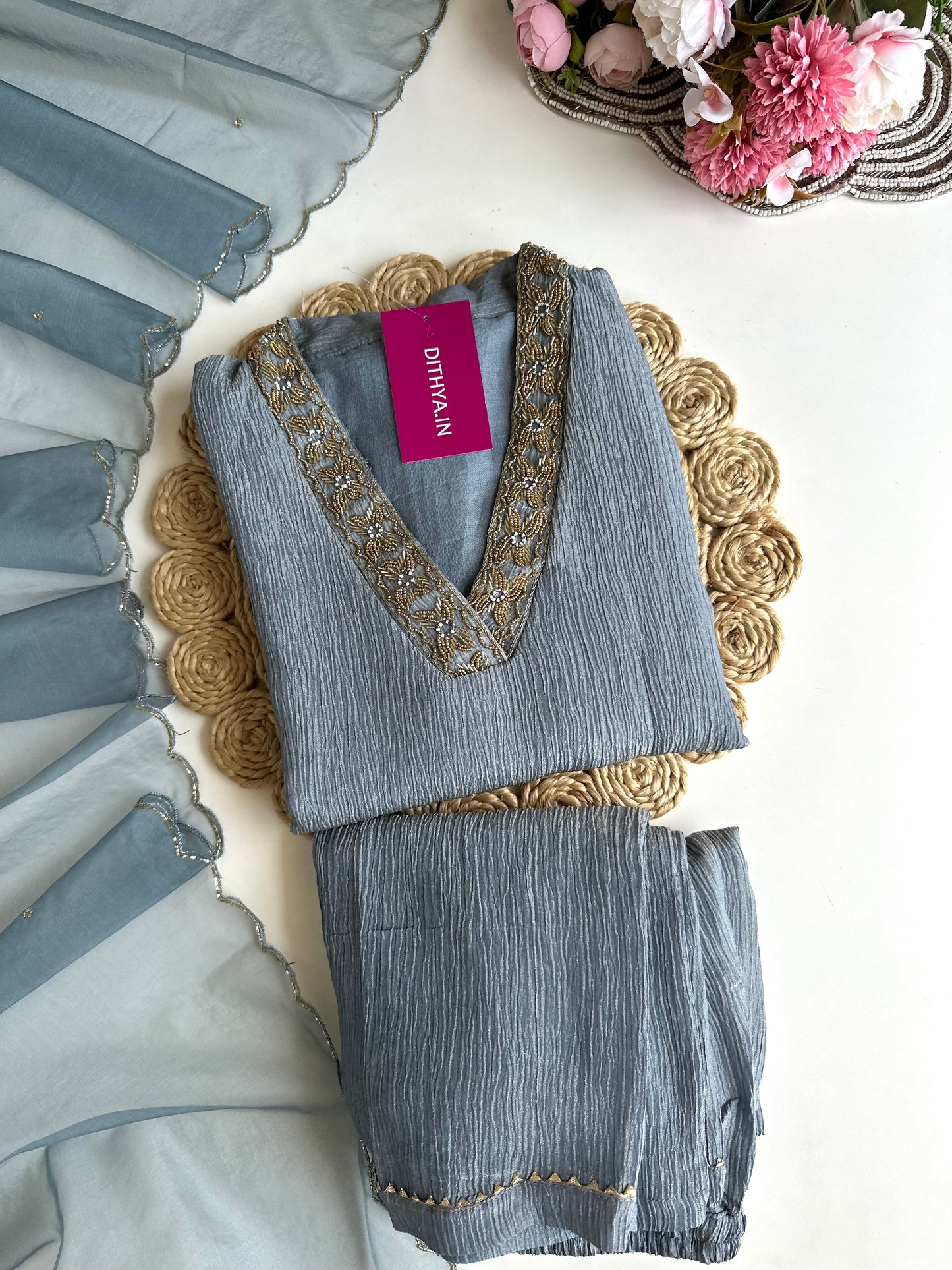 K057 - Crush tissue handwork straight Kurti with pants and dupatta