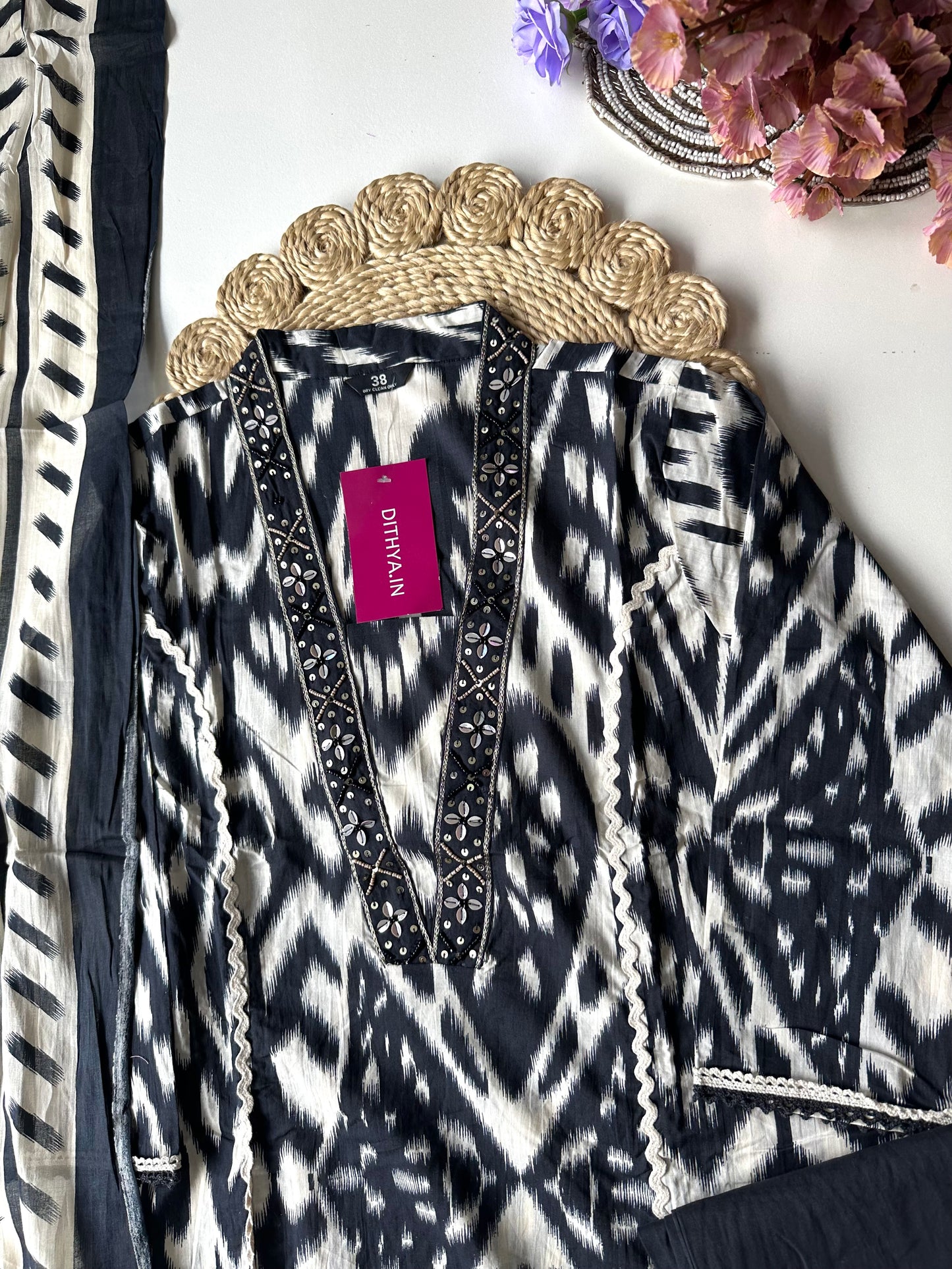 K108 - Mul cotton ikkat straight Kurti with pants and dupatta