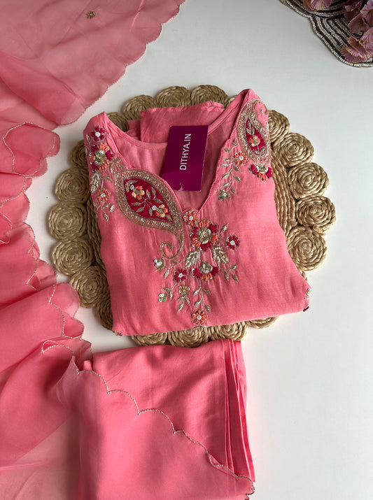 K005 - Mul Chanderi Handwork Aline Kurti with pants and dupatta in 2 colours